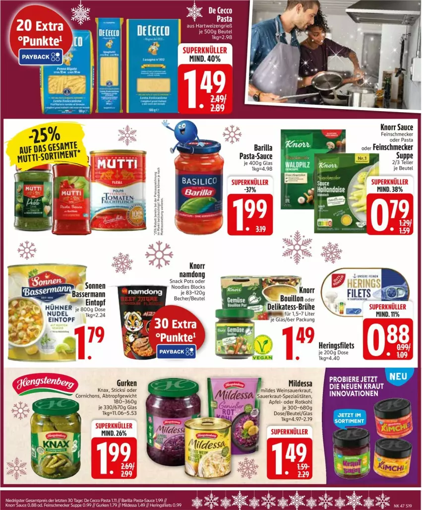 Aktueller Prospekt Edeka - Prospekte - von 17.11 bis 22.11.2025 - strona 19 - produkty: apfel, auer, barilla, Becher, beutel, Brühe, eintopf, elle, feinschmecker, filet, filets, gurke, gurken, hering, Herings, heringsfilets, hühner, knorr, korn, Kraut, Mutti, pasta, pasta-sauce, ring, rotkohl, sauce, Sauerkraut, snack, Spezi, suppe, teller, Ti, topf, wein, Weinsauerkraut
