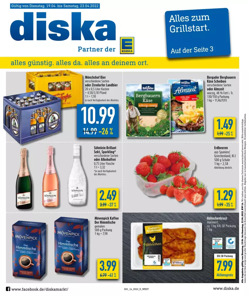 Aktueller Prospekt Diska - Prospekte - von 19.04 bis 23.04.2022 - strona 1 - produkty: aktionspreis, alkohol, angebot, angebote, auer, Bau, Bauer, beere, beeren, bergader, bier, eis, erdbeere, erdbeeren, flasche, hähnchenbrust, kaffee, Käse, mönchshof, mövenpick, mövenpick kaffee, reis, Schal, Schale, sekt, söhnlein, söhnlein brillant, tee, Ti