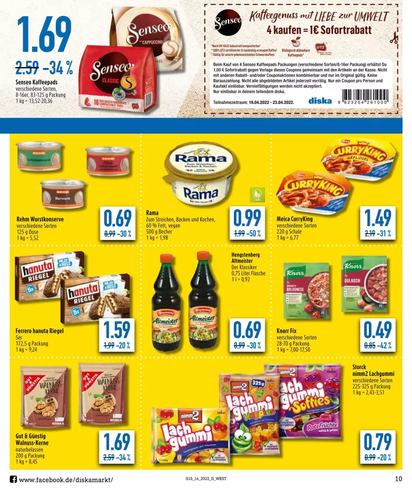 Aktueller Prospekt Diska - Prospekte - von 19.04 bis 23.04.2022 - strona 10 - produkty: Abba, Bau, Becher, bio, coupon, curry, eis, erde, ferrero, flasche, gin, hanuta, hengstenberg, Hengstenberg Altmeister, kaffee, kaffeepads, knorr, knorr fix, lachgummi, meica, Meister, natur, nimm2, nuss, rama, riegel, Schal, Schale, senseo, sofortrabatt, Stier, storck, Ti, walnuss, wurst