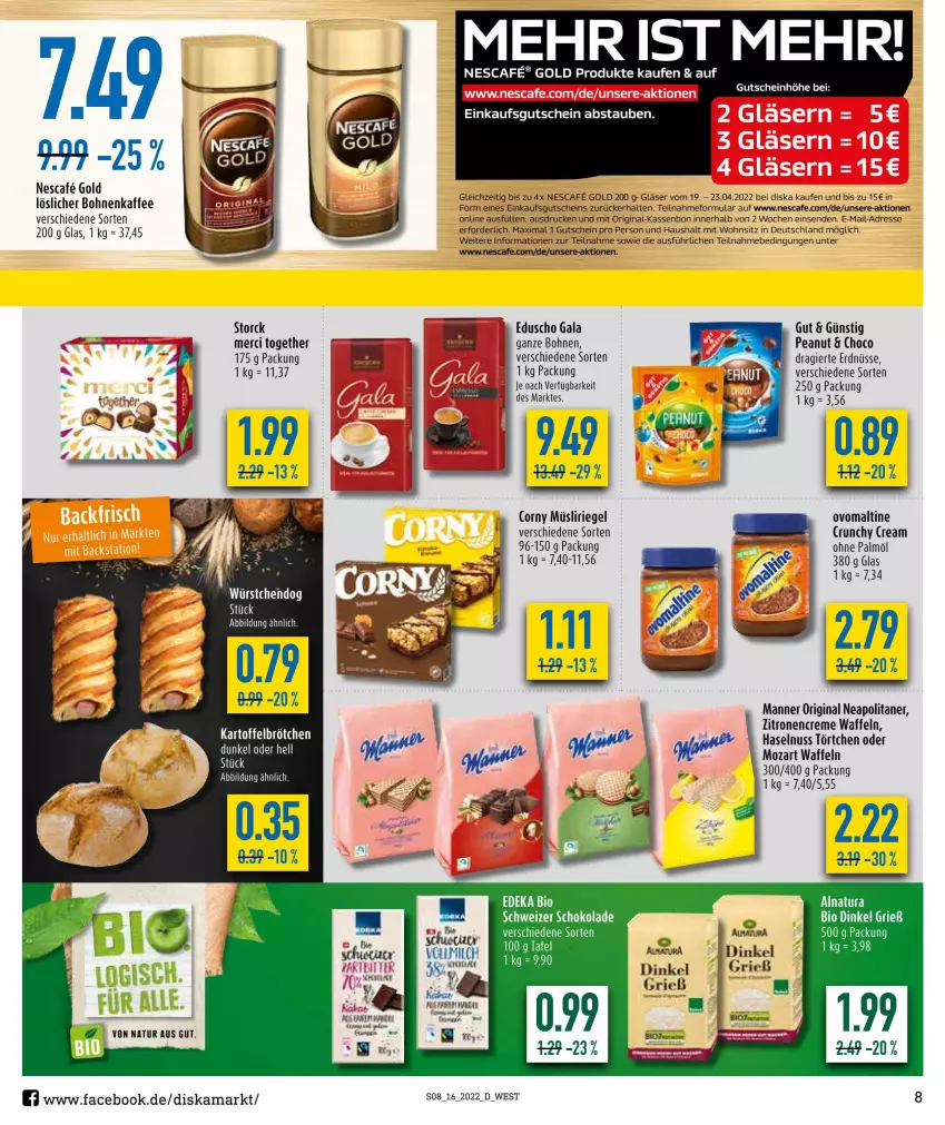 Aktueller Prospekt Diska - Prospekte - von 19.04 bis 23.04.2022 - strona 8 - produkty: bio, bohne, bohnen, bohnenkaffee, corny, creme, deka, edeka bio, eduscho, elle, erdnüsse, gin, Gläser, gutschein, haselnuss, kaffee, löslicher bohnenkaffee, Manner, merci, milch, müsli, Müsliriegel, nescafe, nuss, ohne palmöl, ovomaltine, riegel, storck, tee, Ti, Törtchen, Vase, waffeln, würstchen