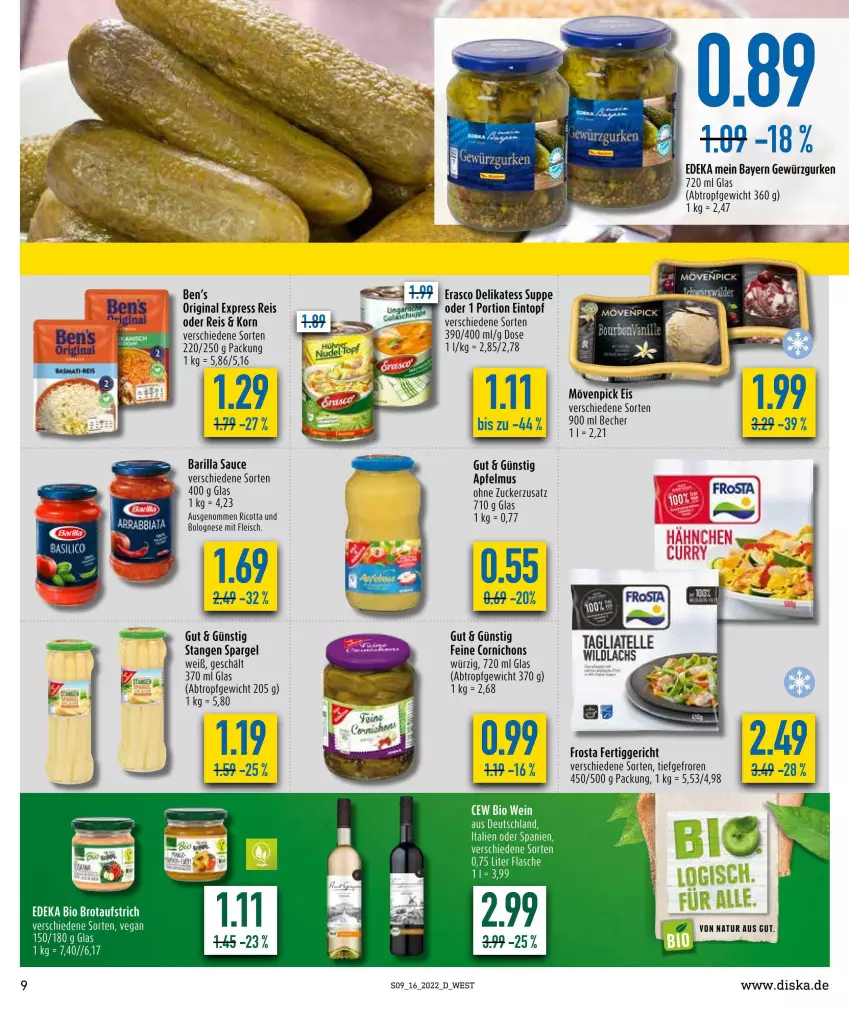 Aktueller Prospekt Diska - Prospekte - von 19.04 bis 23.04.2022 - strona 9 - produkty: apfel, apfelmus, barilla, Becher, bolognese, deit, deka, eintopf, eis, erasco, fertiggericht, fleisch, frosta, gin, korn, natur, reis, ricotta, sauce, spargel, suppe, Ti, topf, zucker