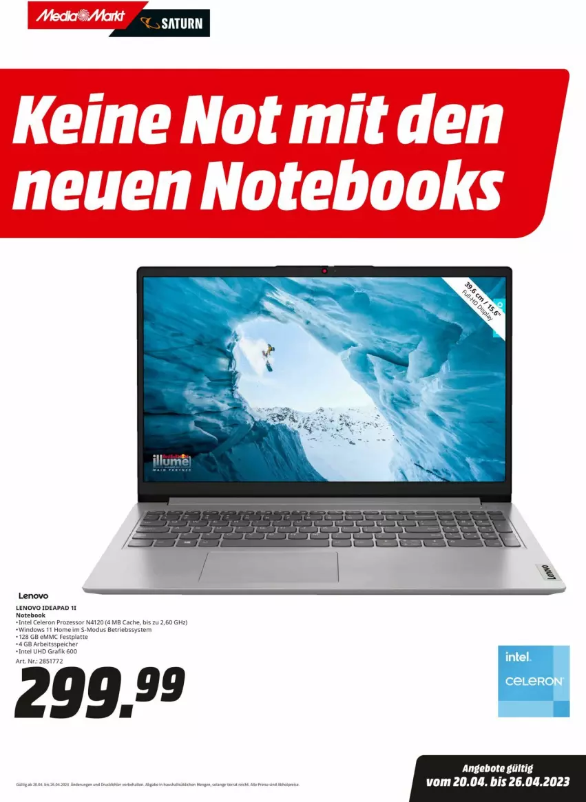 Aktueller Prospekt Media Markt - Prospekte - von 20.04 bis 26.04.2023 - strona 1 - produkty: angebot, angebote, Betriebssystem, celeron, festplatte, Intel, latte, lenovo, notebook, Ti, uhd