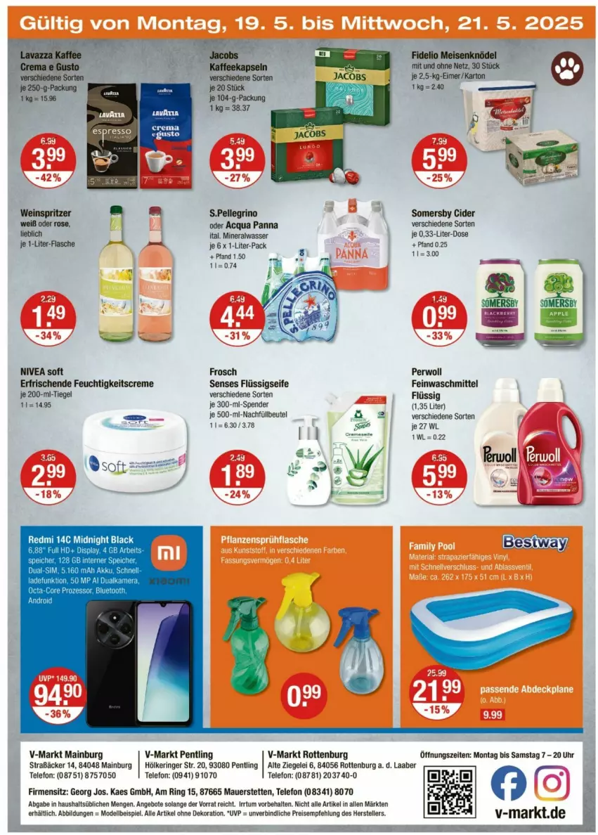 Aktueller Prospekt Vmarkt - Prospekte - von 15.05 bis 21.05.2025 - strona 24 - produkty: alle artikel ohne dekoration, Alwa, angebot, angebote, auer, beutel, cider, creme, dekoration, dell, eimer, eis, elle, feinwaschmittel, feuchtigkeitscreme, flasche, flüssigseife, Frosch, je 1-liter-flasche, kaes, kamera, Knödel, lack, Meisenknödel, mineralwasser, Mode, nivea, perwoll, reis, ring, Seife, somersby, telefon, teller, Ti, uhr, waschmittel, wasser, wein