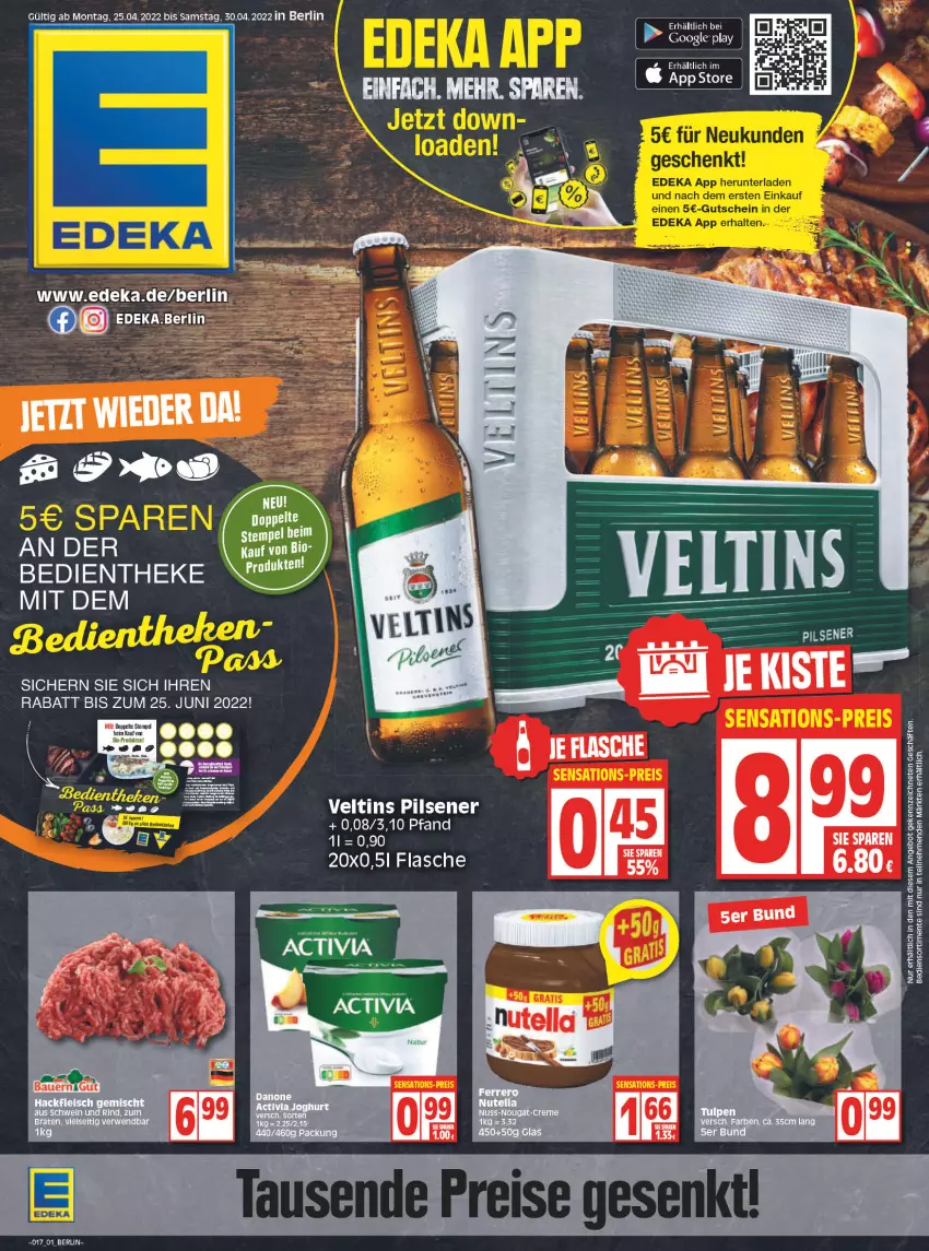 Aktueller Prospekt Edeka - Angebote der Woche - von 25.04 bis 30.04.2022 - strona 1 - produkty: angebot, auer, Bau, Bauer, deka, ente, flasche, pils, pilsener, Ti, veltins, veltins pilsener