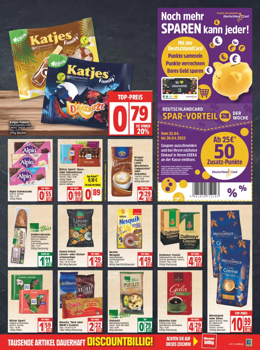 Aktueller Prospekt Edeka - Angebote der Woche - von 25.04 bis 30.04.2022 - strona 13 - produkty: ACC, alpia, auer, auto, baguette, beutel, bohne, bounty, Cap, cappuccino, chia, chips, cin, cookie, cookies, coupon, dallmayr, deka, deutschlandcard, eduscho, eis, erbsen, frucht, fruchtgummi, funny-frisch, getränk, getränke, getränkepulver, kaffee, kaffeegenuss, kakao, katjes, korn, Lakritz, latte, lebensmittel, linsen, mac, macchiato, mövenpick, natur, nesquik, nuss, Ofen, reis, ritter, ritter sport, röstkaffee, schoko, schokolade, Sport, tee, Ti, tomate, tomaten, top-preis, twix