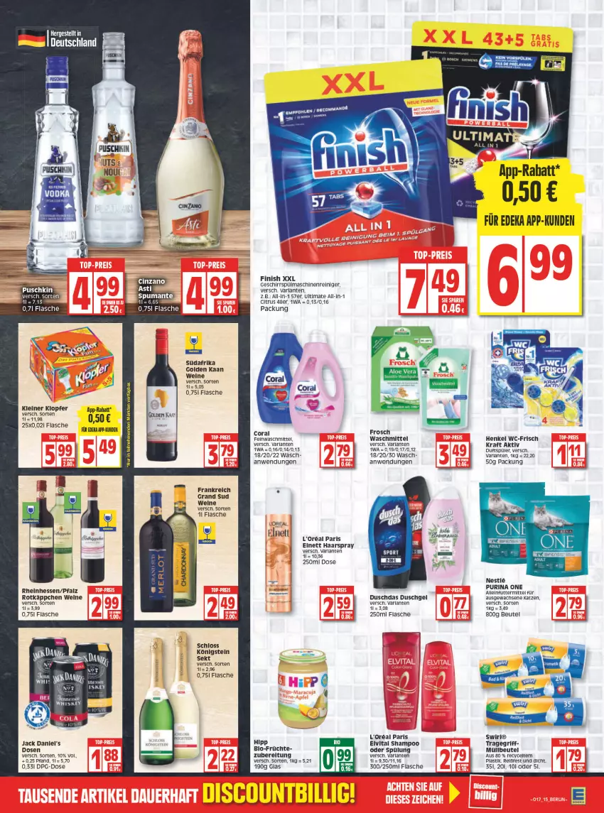 Aktueller Prospekt Edeka - Angebote der Woche - von 25.04 bis 30.04.2022 - strona 15 - produkty: arla, asti, beutel, bio, cin, cinzano, citrus, deka, duschdas, duschgel, elnett, elvital, Finish, flasche, früchte, geschirr, grand sud, haarspray, henkel, hipp, jack daniel, jack daniel's, kleiner klopfer, kraft, l'oreal, leine, loreal, maschinenreiniger, müllbeutel, puma, purina, rasen, reiniger, Ria, rotkäppchen, sekt, shampoo, shampoo oder spülung, spülmaschinen, spülung, spumante, swirl, Ti, tragegriff, vita, waschmittel, wein, weine