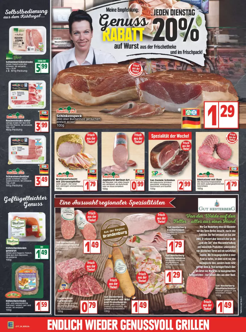 Aktueller Prospekt Edeka - Angebote der Woche - von 25.04 bis 30.04.2022 - strona 4 - produkty: aeg, auer, aufschnitt, backofen, Bau, Bauer, beere, beeren, berliner, braten, bratenaufschnitt, buch, Edelsalami, eis, Elan, fleisch, frucht, gewürz, grill, gurke, gurken, Hähnchensteak, hähnchensteaks, Holz, HP, jagdwurst, kochschinken, leberwurst, mac, Mantel, Nackensteak, nackensteaks, natur, nuss, Ofen, pfanne, pfannen, pfeffer, reis, remoulade, rind, rindfleisch, Rückensteak, rückensteaks, rum, saft, salami, schinken, schnitten, schnitzel, schwein, schweine, schweinerücken, schweineschnitzel, Spezi, steak, steaks, Ti, und pfanne, wein, weine, Wild, wurst, zitrone, zitronen