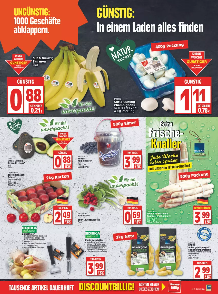 Aktueller Prospekt Edeka - Angebote der Woche - von 25.04 bis 30.04.2022 - strona 9 - produkty: ackergold, avocado, banane, bananen, beere, beeren, champignon, champignons, deka, eis, heidelbeere, heidelbeeren, kartoffel, Lauchzwiebel, lauchzwiebeln, LG, mac, rel, spargel, tafeläpfel, Ti, zwiebel, zwiebeln