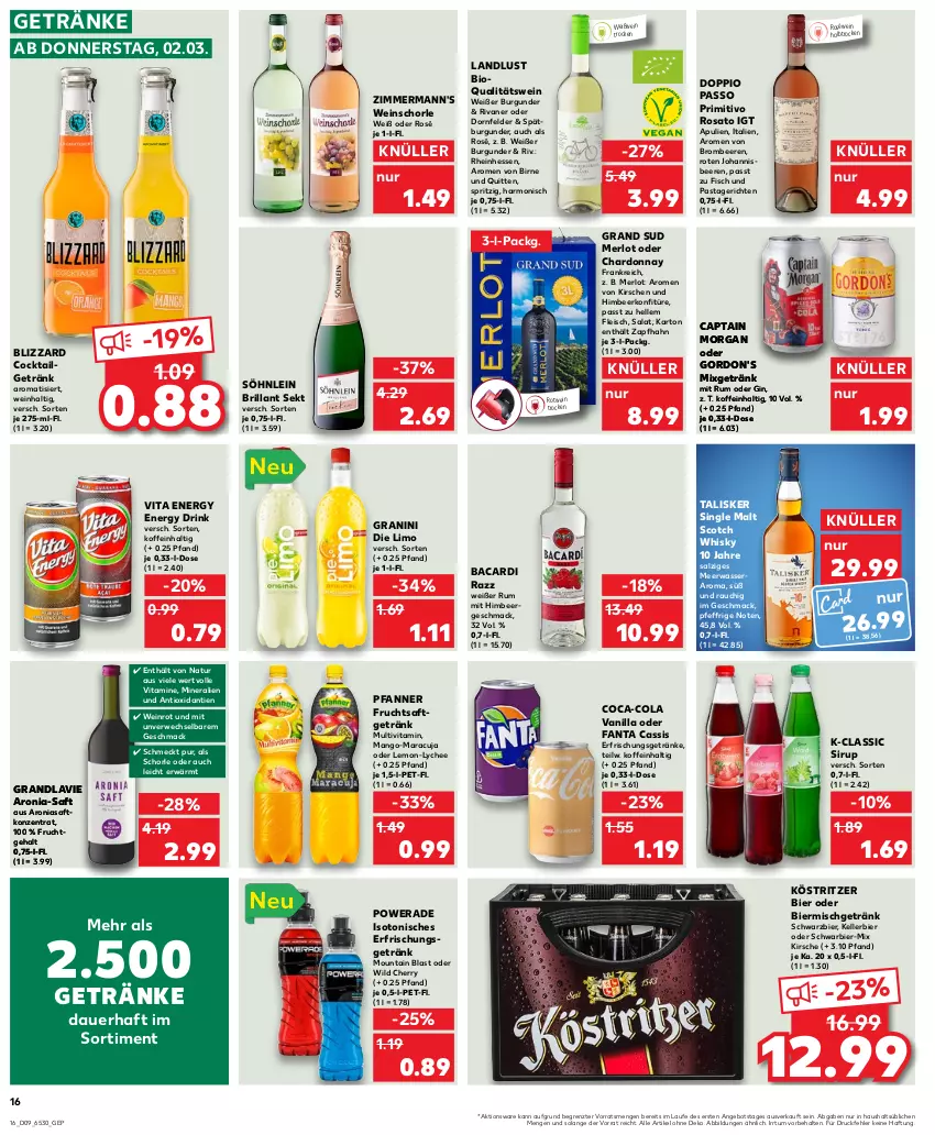 Aktueller Prospekt Kaufland - von 02.03 bis 08.03.2023 - strona 16 - produkty: angebot, auer, bacardi, beere, beeren, bier, bio, Blizzard, brillant sekt, burgunder, Cap, captain morgan, cassis, chardonnay, coca-cola, cocktail, cola, doppio passo, dornfelder, drink, eis, elle, energy drink, erfrischungsgetränk, erfrischungsgetränke, fanta, fisch, fleisch, frucht, fruchtsaft, getränk, getränke, gin, gordon, gordon's, grand sud, granini, granini die limo, himbeer, kellerbier, kirsch, kirsche, kirschen, konfitüre, köstritzer, LG, limo, mac, mango, maracuja, Meerwasser, merl, merlot, Mixgetränk, natur, passo, pasta, pfanne, Pfanner, primitivo, qualitätswein, Rauch, Rivaner, rosato, roséwein, rotwein, rum, rwe, saft, salat, salz, schorle, scotch, scotch whisky, sekt, single malt, sirup, söhnlein, söhnlein brillant, Ti, vita, Vita Energy, Vitamine, wasser, wein, weinschorle, Weißwein, whisky, Wild, ZTE