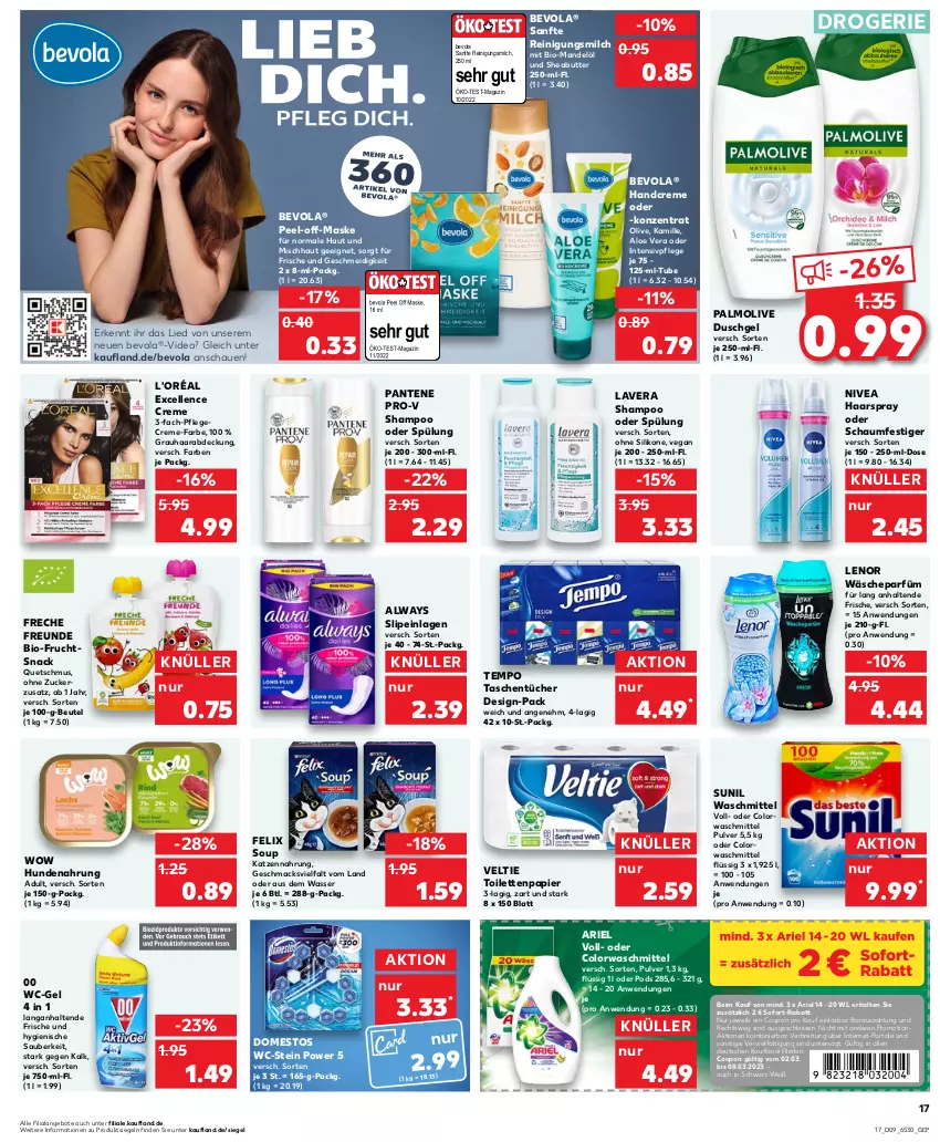 Aktueller Prospekt Kaufland - von 02.03 bis 08.03.2023 - strona 17 - produkty: aloe vera, Alwa, Always, angebot, angebote, ariel, auer, beutel, bio, Brei, butter, colorwaschmittel, coupon, creme, deo, domestos, duschgel, elle, felix, freche freunde, frucht, haarspray, handcreme, hundenahrung, Kamill, kamille, katzennahrung, lavera, lenor, mac, magazin, mandel, Mandelöl, Maske, milch, nivea, oder schaumfestiger, olive, palmolive, pantene, pantene pro-v, papier, Pflegecreme, Pods, pro-v, Reinigung, Reinigungsmilch, schaumfestiger, shampoo, shampoo oder spülung, Sheabutter, slip, slipeinlagen, snack, sofort-rabatt, spülung, sunil, Tasche, taschen, taschentücher, Tempo, Ti, toilettenpapier, tücher, wäscheparfüm, waschmittel, wasser, wc-gel, zucker