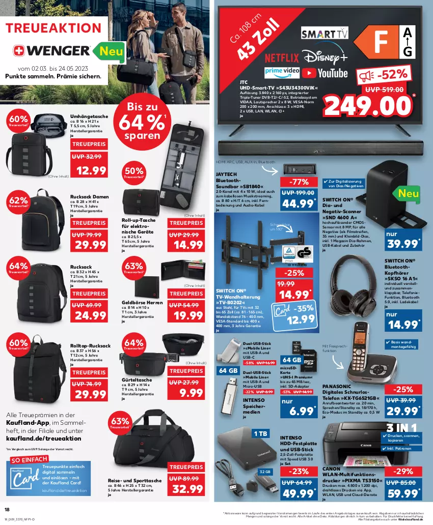 Aktueller Prospekt Kaufland - von 02.03 bis 08.03.2023 - strona 18 - produkty: adapter, angebot, angebote, Betriebssystem, canon, deka, Draht, drucker, dvb, DVB-T, eis, Elektro, elle, fernbedienung, festplatte, Geldbörse, gürteltasche, HDD, HDMI, intenso, jtc, kopfhörer, ladekabel, latte, lautsprecher, magazin, microsd, multifunktionsdrucker, panasonic, reifen, reis, rucksack, sac, Scanner, soundbar, spee, Sport, sporttasche, Tasche, telefon, teller, Ti, tuner, uhd, umhängetasche, usb, wandhalterung, ZTE