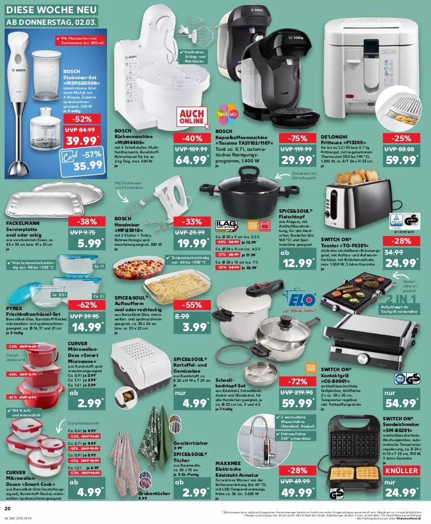 Aktueller Prospekt Kaufland - von 02.03 bis 08.03.2023 - strona 20 - produkty: angebot, angebote, armatur, aust, auto, backofen, Bau, baumwolle, Becher, bosch, brötchen, brötchenaufsatz, De'Longhi, decke, Deckel, edelstahl, eis, elle, fackelmann, fleisch, Fleischtopf, fritteuse, geschirr, geschirrtücher, Glasdeckel, grill, grillfläche, grillplatte, handmixer, herdarten, kaffee, kaffeemaschine, kartoffel, Kochtopf, kontaktgrill, küche, Küchen, küchenmaschine, latte, leine, Messbecher, mikrowelle, Mixer, Ofen, Pfau, pyrex, Reinigung, Rührschüssel, rwe, sandwich, Schal, Schale, Schnellkochtopf, schüssel, sim, spülmaschinen, stabmixer, tassimo, thermostat, Ti, tisch, tischgrill, toast, toaster, topf, topf-set, tücher, und gemüse, wasser, werkzeug, werkzeuge, wolle, Zerkleinerer, ZTE