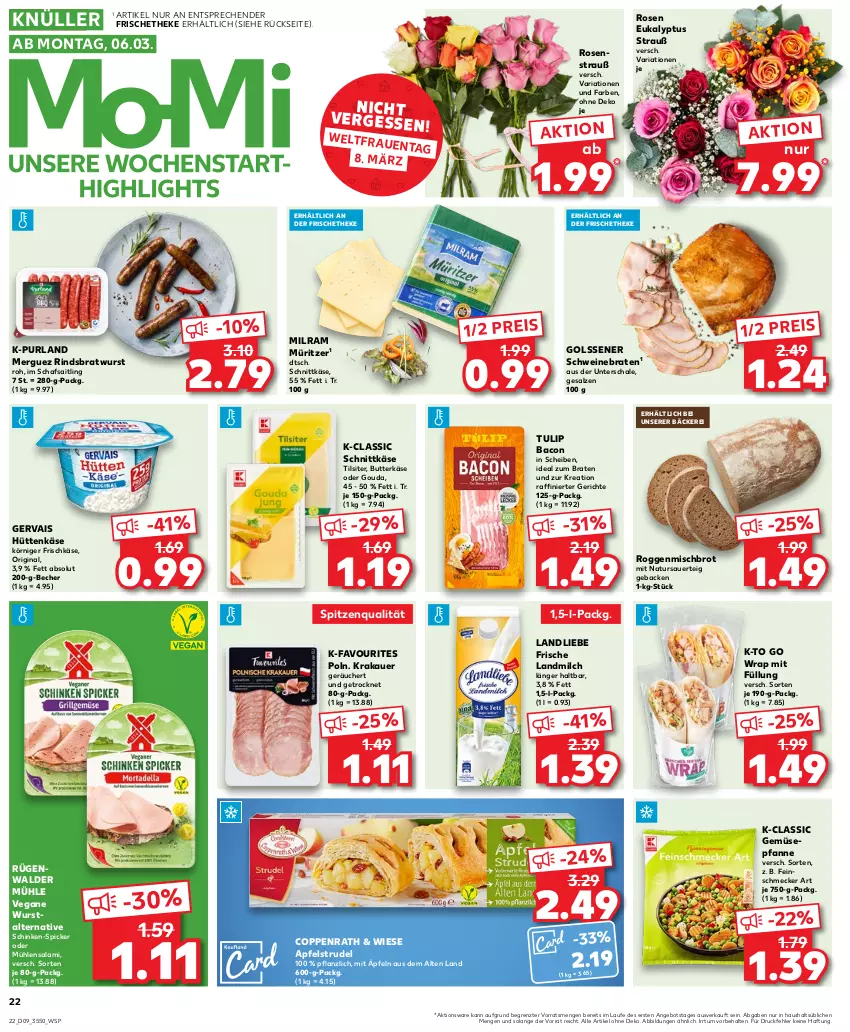 Aktueller Prospekt Kaufland - von 02.03 bis 08.03.2023 - strona 22 - produkty: angebot, apfel, Apfelstrudel, auer, bacon, Becher, braten, bratwurst, brot, butter, butterkäse, coppenrath, eis, feinschmecker, frischkäse, geback, gervais, gin, gouda, ideal zum braten, Käse, Körniger Frischkäse, krakauer, landliebe, landmilch, milch, milram, natur, pfanne, purland, reis, Ria, rind, rosen, Rosenstrauß, rügenwalder, rügenwalder mühle, salami, salz, Schal, Schale, schinken, schnittkäse, schwein, schweine, schweinebraten, spitzenqualität, Strudel, Ti, Tilsiter, tulip, wein, weine, wrap, wurst, ZTE