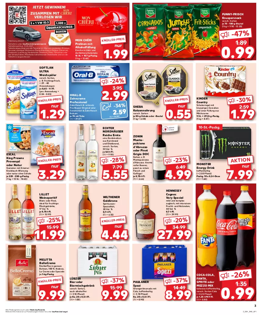 Aktueller Prospekt Kaufland - von 02.03 bis 08.03.2023 - strona 3 - produkty: alkohol, angebot, angebote, aperitif, balsam, beere, beeren, bellacrema, beutel, bier, bohne, bohnen, cerealien, coca-cola, Cognac, cola, creme, drink, eis, energy drink, escal, fanta, fleisch, frucht, funny-frisch, garnelen, Geflügel, getränk, getränke, gewinnspiel, gin, goldkrone, Holz, kaffee, katzennahrung, Kinder, kinder country, kirsch, kirsche, knoblauch, korn, kräuter, krone, LG, likör, lillet, limo, limonade, Lübzer, melitta, Mezzo Mix, milch, Mon Chéri, monster, Monster Energy, monte, natur, obst, Obstbrand, oral-b, orange, orangen, Paula, paulaner, Pinot, pinot grigio, pralinen, prawns, pro-repair, riegel, röstkaffee, rotwein, Schal, Schale, schoko, schokolade, schokoriegel, sheba, snack, Softlan, Spezi, Spiele, spirituosen, sprite, Ti, weichspüler, wein, wilthener, Wilthener Goldkrone, zahncreme, Zartbitterschokolade, zonin