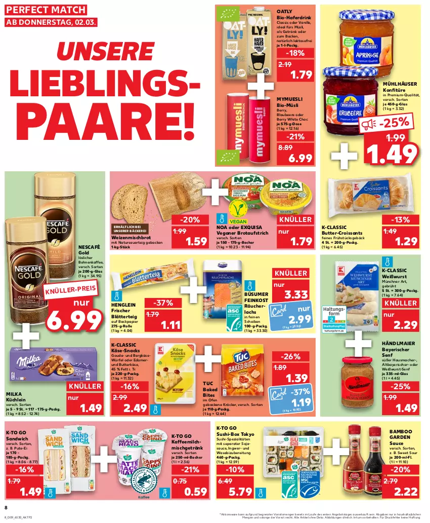 Aktueller Prospekt Kaufland - von 02.03 bis 08.03.2023 - strona 8 - produkty: angebot, auer, aufstrich, bamboo, Becher, beere, Bergkäse, bio, bites, blätterteig, Blaubeer, blaubeere, bohne, bohnen, bohnenkaffee, brot, brotaufstrich, butter, butterkäse, Croissant, croissants, drink, edamer, eis, exquisa, feinkost, geback, getränk, gouda, hafer, Haferdrink, händlmaier, Hausmacher, henglein, ingwer, kaffee, Kaffeemilch, Käse, konfitüre, lachs, löslicher bohnenkaffee, mac, milch, milka, mühlhäuser, müsli, natur, Nescafé, nescafé gold, Ofen, papier, pute, Räucherlachs, sandwich, sauce, senf, snack, snacks, soja, sojasauce, Spezi, Sushi, Ti, tuc, vanille, wasa, Weißwurst, weizenmischbrot, würfel, wurst, Yo, ZTE