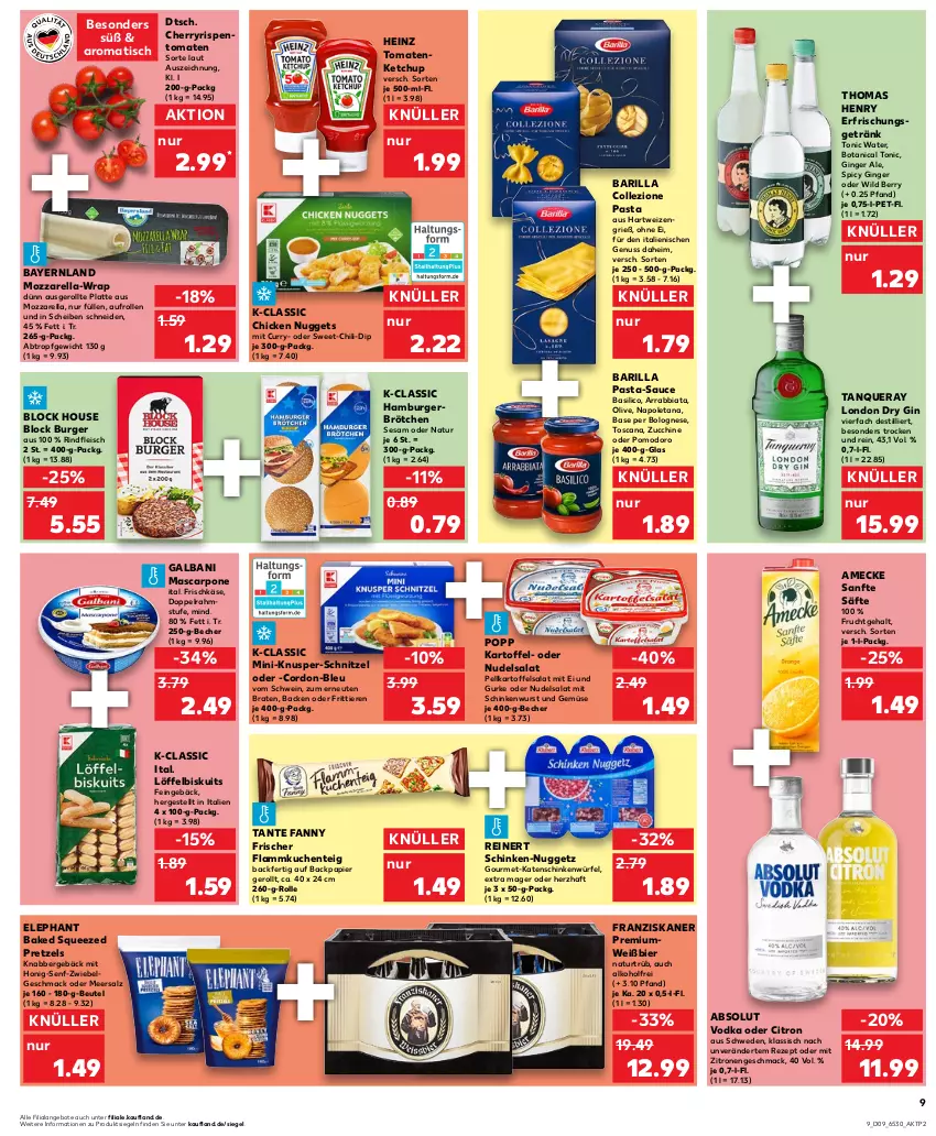 Aktueller Prospekt Kaufland - von 02.03 bis 08.03.2023 - strona 9 - produkty: Absolut Vodka, alkohol, amecke, angebot, angebote, arrabbiata, barilla, basilico, Becher, beutel, bier, bolognese, braten, brötchen, burger, chicken nuggets, chili, curry, dip, doppelrahmstufe, dry gin, eis, ente, erfrischungsgetränk, flammkuchen, Flammkuchenteig, fleisch, franziskaner, frischkäse, frucht, galbani, getränk, gin, ginger, ginger ale, gurke, hamburger, hartweizen, heinz, honig, Honig-Senf, kartoffel, kartoffelsalat, Käse, katenschinken, ketchup, kuchen, lamm, latte, LG, Löffel, Löffelbiskuits, london dry, london dry gin, mac, mascarpone, meersalz, mozzarella, natur, nudel, nudelsalat, nuggets, nuss, olive, papier, pasta, pasta-sauce, Popp, Premiumweiß, Pretzel, reinert, rel, rezept, rind, rindfleisch, rispentomaten, säfte, salat, salz, sauce, schinken, schinkenwurst, schnitzel, schwein, senf, sesam, Tanqueray, tante fanny, thomas henry, Ti, Tiere, tisch, tomate, tomaten, tomatenketchup, tonic, tonic water, und gemüse, vodka, wein, Wild, wild berry, wrap, würfel, wurst, zitrone, zitronen, zwiebel