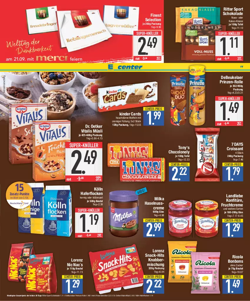 Aktueller Prospekt E Center - Angebote der Woche - von 18.09 bis 23.09.2023 - strona 11 - produkty: beutel, Blüte, bonbons, cola, creme, Croissant, debeukelaer, Dr. Oetker, eier, eis, ente, frucht, hafer, haferflocken, haselnuss, Haselnusscreme, kakao, Kinder, kölln, konfitüre, landliebe, lorenz, merci, milka, müsli, nuss, reis, Ricola, ritter, ritter sport, schoko, schokolade, snack, Sport, super-knüller, Ti, vita, vitalis, vitalis müsli, waffeln, ZTE, zucker