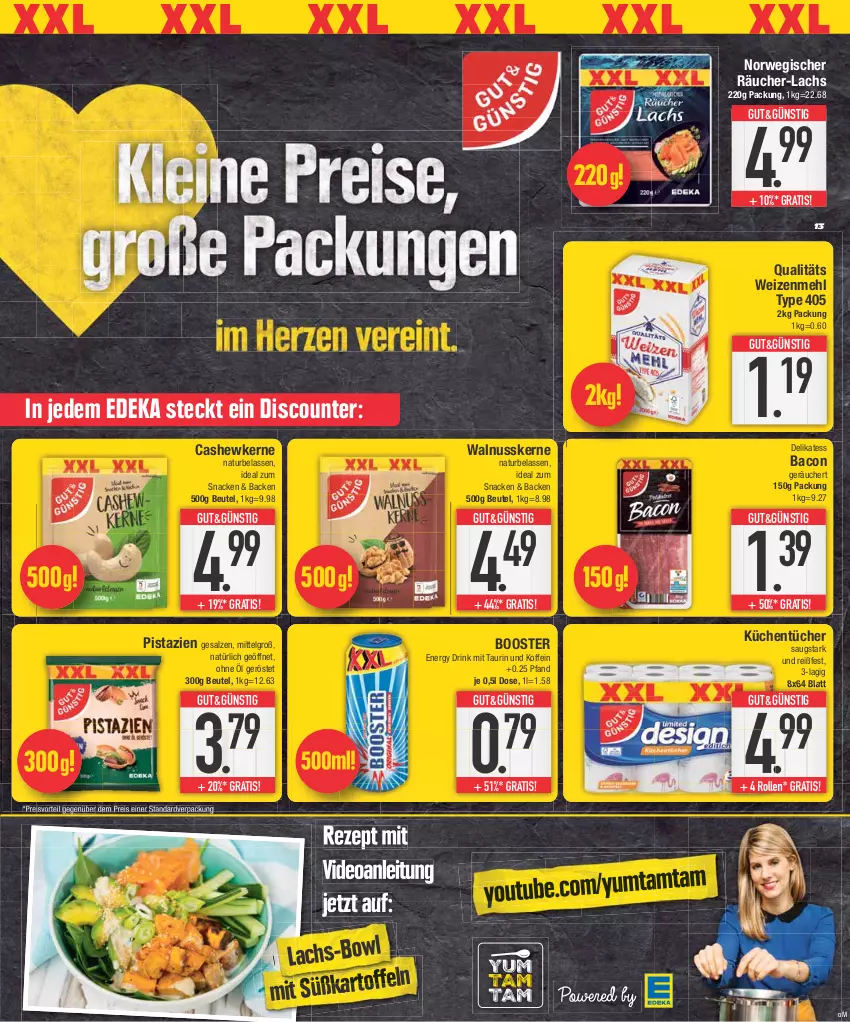 Aktueller Prospekt E Center - Angebote der Woche - von 18.09 bis 23.09.2023 - strona 13 - produkty: bacon, beutel, Cashew, cashewkerne, deka, deo, discount, drink, eis, energy drink, küche, Küchen, küchentücher, lachs, LG, mehl, natur, nuss, pistazien, preisvorteil, reis, rezept, rwe, salz, snack, Ti, tücher, type 405, walnuss, walnusskerne, weizenmehl