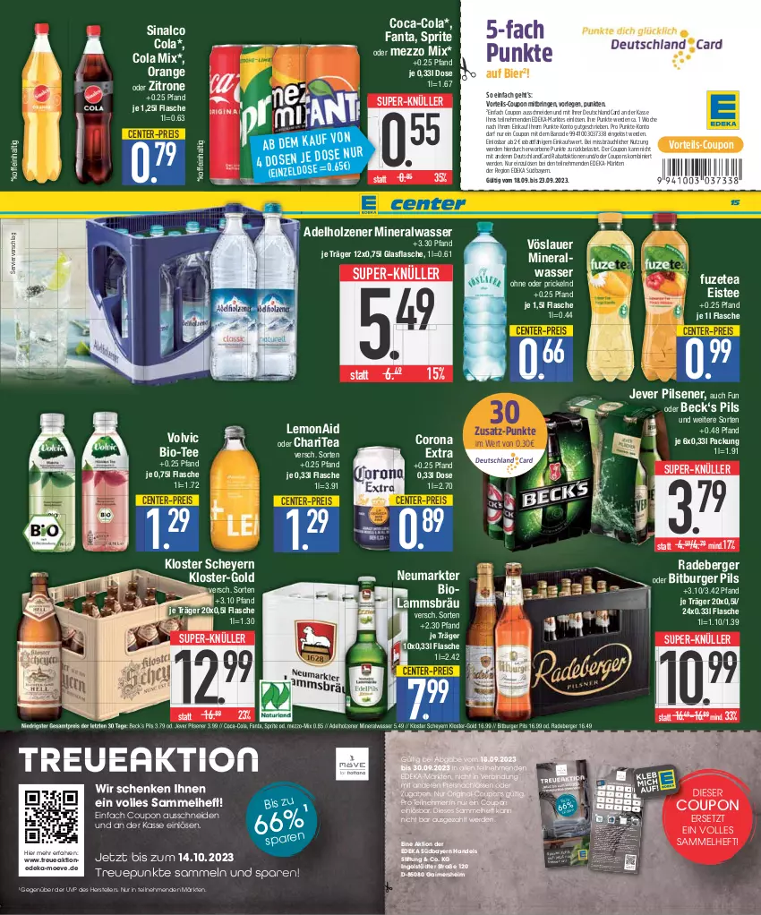 Aktueller Prospekt E Center - Angebote der Woche - von 18.09 bis 23.09.2023 - strona 15 - produkty: adelholzener, Alwa, auer, Berger, bier, bio, bitburger, bitburger pils, bügel, burger, coca-cola, cola, corona, corona extra, coupon, coupons, deka, deutschlandcard, eis, eistee, elle, ente, erde, fanta, flasche, fuzetea, gin, glasflasche, gutschein, Hefte, Heu, Holz, jever, jever pilsener, lamm, LG, mac, Mezzo Mix, mineralwasser, orange, pils, pilsener, radeberger, Reinigung, reis, ring, rwe, sinalco, sprite, super-knüller, Tchibo, tee, telefon, teller, Ti, tisch, volvic, vöslauer, wasser, zitrone, ZTE