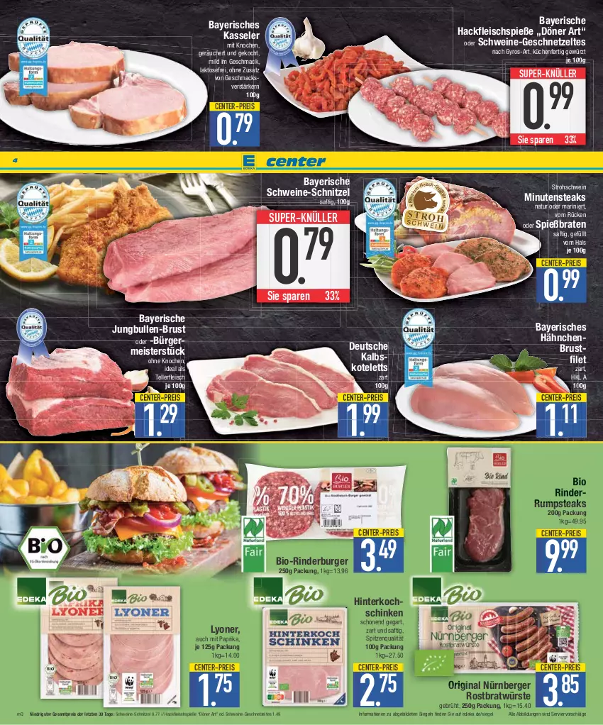 Aktueller Prospekt E Center - Angebote der Woche - von 18.09 bis 23.09.2023 - strona 4 - produkty: Berger, bio, braten, brustfilet, burger, deka, eis, elle, ente, filet, fleisch, Fleischspieße, Germ, geschnetzeltes, gewürz, gin, gyros, hackfleisch, hähnchenbrust, hähnchenbrustfilet, hinterkochschinken, jungbullen, kalbskotelett, kasseler, kochschinken, kotelett, küche, Küchen, lyoner, mac, Meister, minutensteaks, mit paprika, natur, nürnberger, paprika, reis, rind, rinder, rum, rumpsteak, saft, schinken, schnitzel, schwein, schweine, schweine-schnitzel, spitzenqualität, steak, steaks, super-knüller, teller, Ti, wein, weine, Yo, Zelt, ZTE