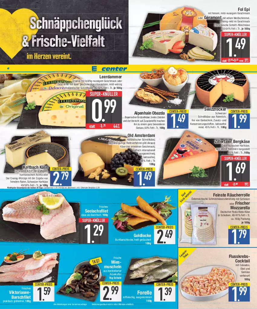 Aktueller Prospekt E Center - Angebote der Woche - von 18.09 bis 23.09.2023 - strona 6 - produkty: Alpenhain, aqua, backfisch, Bergkäse, brot, cocktail, eis, elle, ente, filet, fisch, fleisch, fol epi, forelle, géramont, gin, hartkäse, holländischer schnittkäse, Käse, Krebs, lachs, lachsfilet, leerdammer, mac, milch, mozzarella, Muscheln, nuss, obazda, obst, Obst und Gemüse, Old Amsterdam, pasta, Räucherrolle, reis, rel, Ria, Schal, Schale, schinken, Schmelzkäse, schmelzkäsezubereitung, schnittkäse, schweizer hartkäse, seelachsfilet, super-knüller, Swizzrocker, Ti, tisch, trolli, und gemüse, weichkäse, ZTE