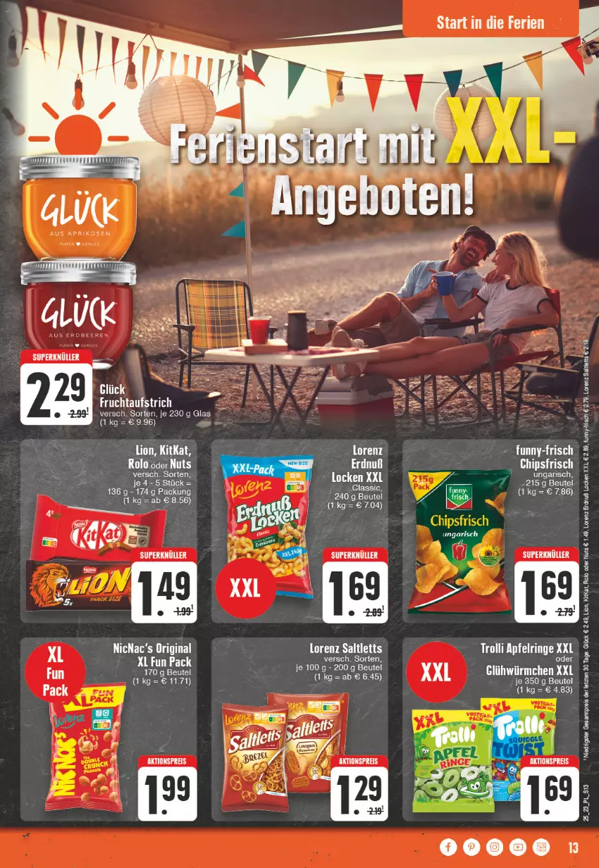 Aktueller Prospekt E Center - Angebote der Woche - von 12.06 bis 17.06.2023 - strona 13 - produkty: aktionspreis, aprikose, aufstrich, beutel, chips, chipsfrisch, eis, ente, frucht, fruchtaufstrich, gin, kitkat, lion, lorenz, reis, saltletts, tee, Ti