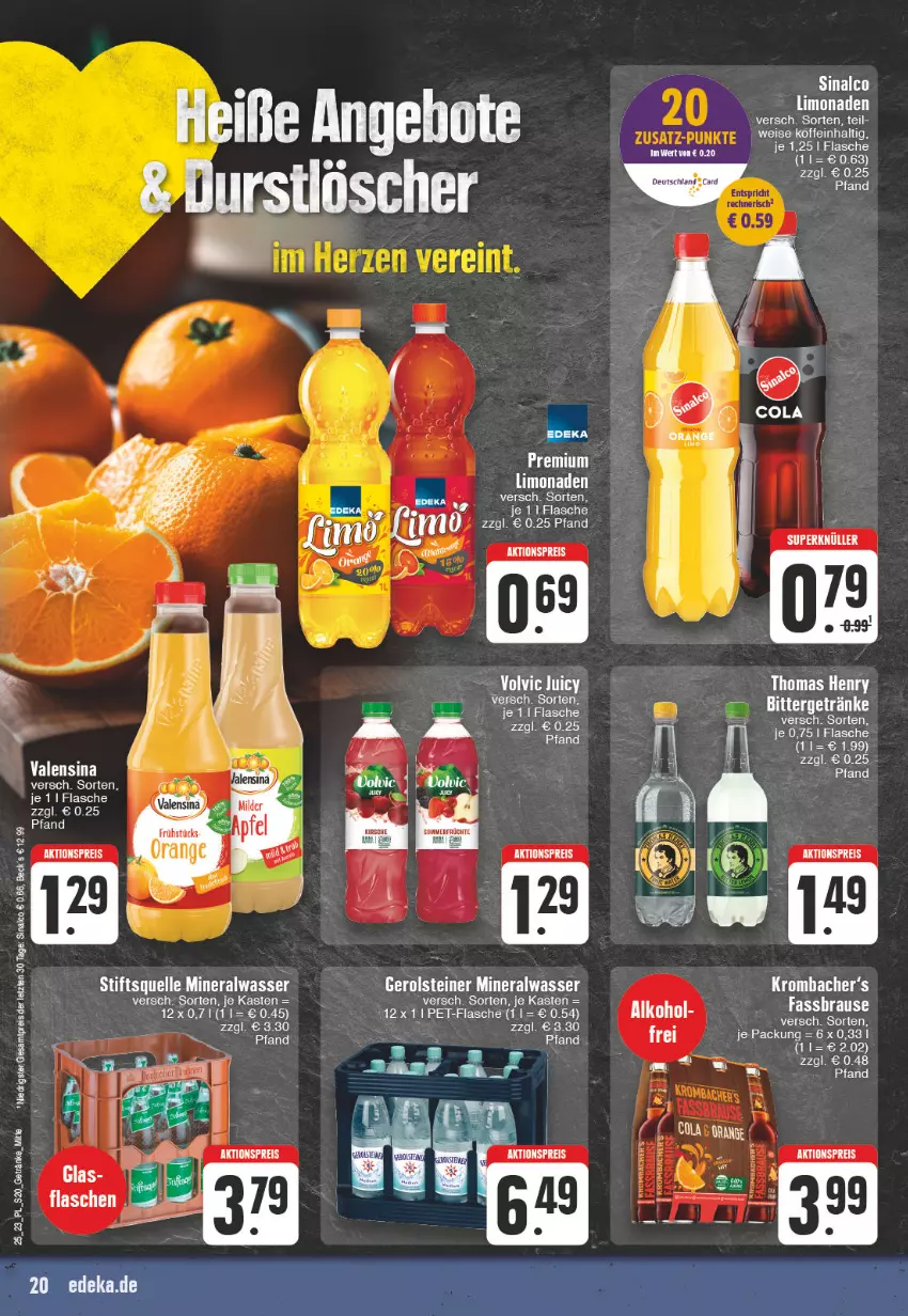 Aktueller Prospekt E Center - Angebote der Woche - von 12.06 bis 17.06.2023 - strona 20 - produkty: aktionspreis, alkohol, Alwa, angebot, angebote, cola, eis, elle, flasche, gerolsteine, gerolsteiner, krombache, krombacher, limo, limonade, limonaden, mineralwasser, orange, reis, sinalco, steiner, thomas henry, Ti, valensina, wasser