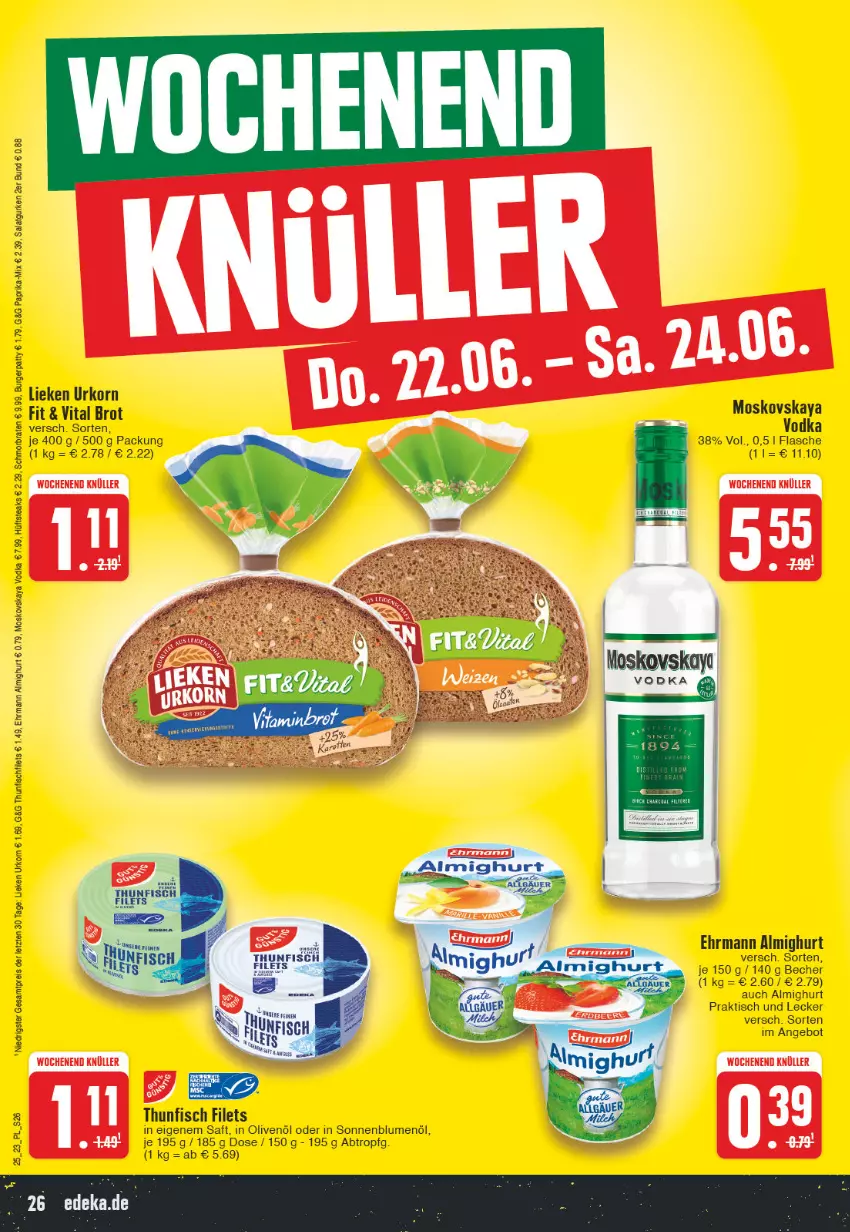 Aktueller Prospekt E Center - Angebote der Woche - von 12.06 bis 17.06.2023 - strona 26 - produkty: almighur, almighurt, angebot, Becher, blume, blumen, blumenöl, braten, brot, burger, ehrmann, ehrmann almighurt, eis, filet, filets, fisch, flasche, gurke, gurken, hüftsteak, hüftsteaks, in olivenöl, korn, lieken, moskovskaya, olive, oliven, olivenöl, paprika, reis, saft, salat, Salatgurke, salatgurken, schmorbraten, sonnenblume, sonnenblumen, sonnenblumenöl, steak, steaks, thunfisch, thunfisch filets, Ti, tisch, urkorn, vita, vodka, ZTE