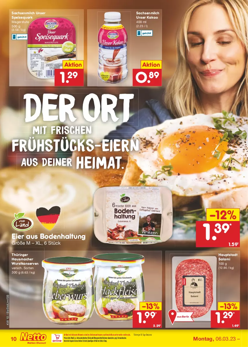 Aktueller Prospekt Netto Marken-Discount - Filial-Angebote - von 06.03 bis 11.03.2023 - strona 10 - produkty: bestpreis, eier, eis, Hausmacher, kakao, Konserven, mac, milch, ndk, quark, reis, ring, sac, salami, speisequark, Ti, wurst, wurstkonserven