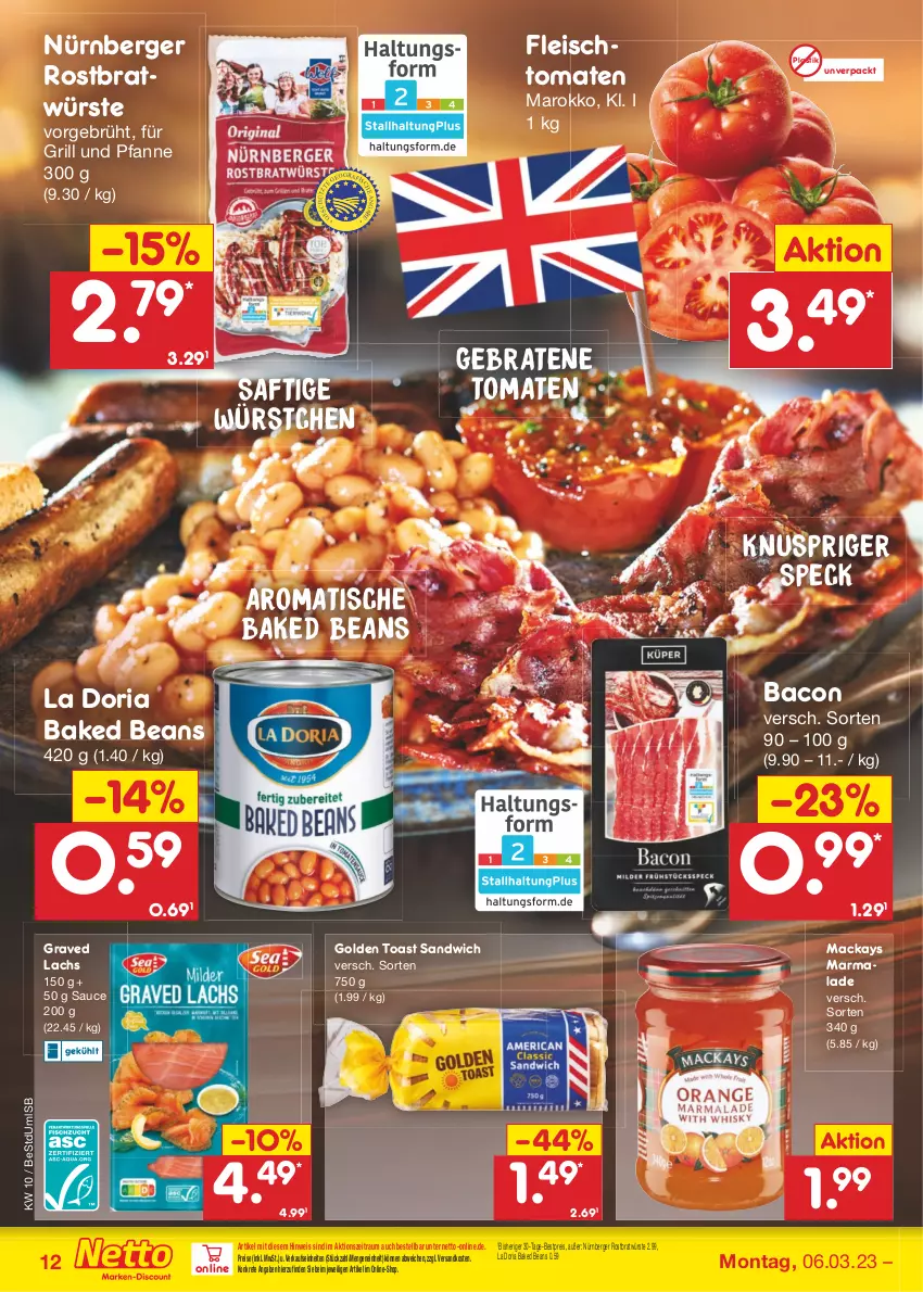 Aktueller Prospekt Netto Marken-Discount - Filial-Angebote - von 06.03 bis 11.03.2023 - strona 12 - produkty: asti, bacon, Berger, bestpreis, braten, eis, fleisch, für grill und pfanne, golden toast, Graved Lachs, grill, grill und pfanne, lachs, mac, ndk, nürnberger, pfanne, reis, Ria, saft, sandwich, sauce, Speck, Ti, tisch, toast, tomate, tomaten, und pfanne, würstchen, ZTE