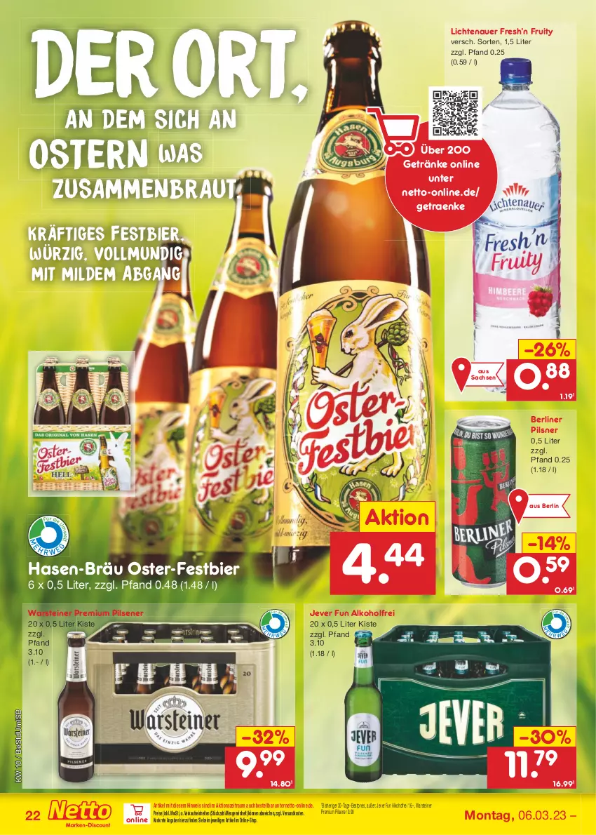 Aktueller Prospekt Netto Marken-Discount - Filial-Angebote - von 06.03 bis 11.03.2023 - strona 22 - produkty: alkohol, auer, berliner, bestpreis, bier, eis, getränk, getränke, jever, lichtenauer, ndk, pils, pilsener, pilsner, premium pils, reis, sac, steiner, Ti, warsteiner