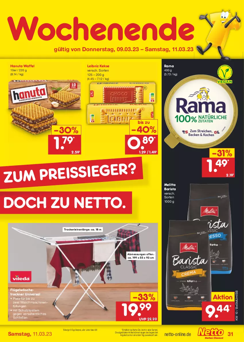 Aktueller Prospekt Netto Marken-Discount - Filial-Angebote - von 06.03 bis 11.03.2023 - strona 31 - produkty: angebot, bestpreis, eis, hanuta, keks, kekse, leibniz, leine, melitta, rama, reis, Ti, Trockner, wäschetrockner, waschmaschine, waschmaschinen, ZTE