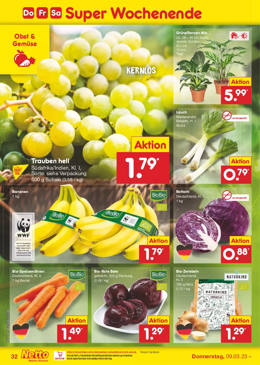 Aktueller Prospekt Netto Marken-Discount - Filial-Angebote - von 06.03 bis 11.03.2023 - strona 32 - produkty: asti, banane, bananen, bestpreis, beutel, bio, discount, eis, Grünpflanzen, LG, möhren, ndk, obst, pflanze, pflanzen, reis, rote bete, rotkohl, Schal, Schale, speisemöhren, Ti, topf, trauben, zwiebel, zwiebeln