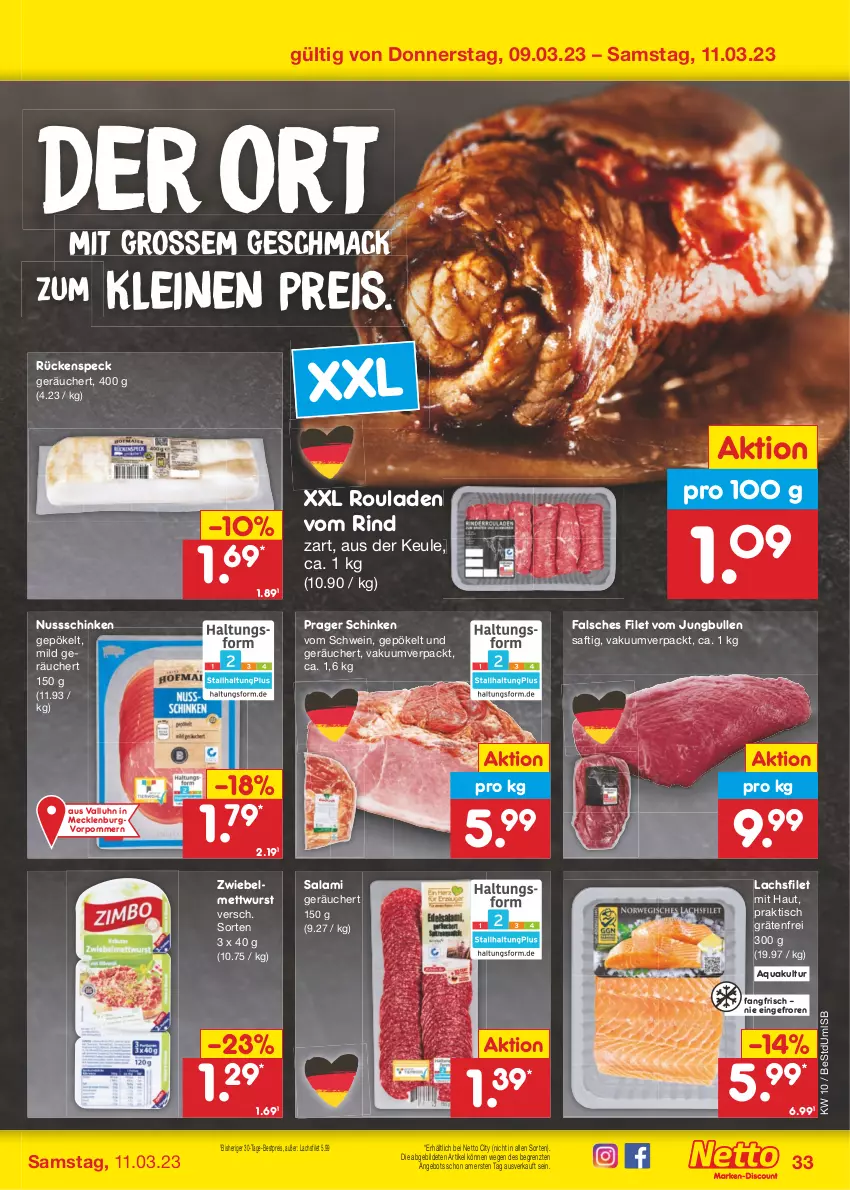 Aktueller Prospekt Netto Marken-Discount - Filial-Angebote - von 06.03 bis 11.03.2023 - strona 33 - produkty: angebot, aqua, bestpreis, eis, Falsches Filet, filet, jungbullen, lachs, lachsfilet, leine, mac, Mett, mettwurst, nuss, reis, rind, rouladen, saft, salami, schinken, schwein, Speck, Ti, tisch, wein, wurst, ZTE, zwiebel, zwiebelmettwurst