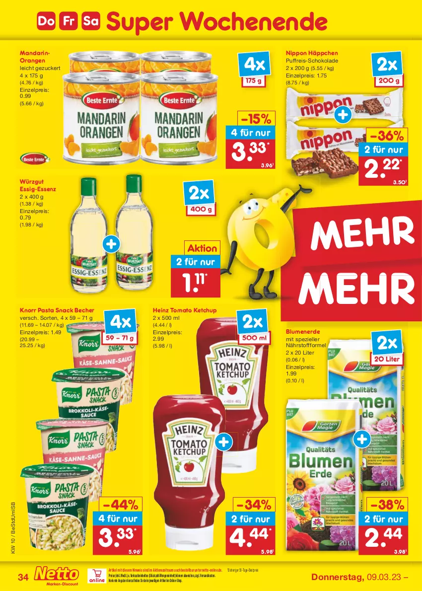 Aktueller Prospekt Netto Marken-Discount - Filial-Angebote - von 06.03 bis 11.03.2023 - strona 34 - produkty: Becher, bestpreis, blume, blumen, blumenerde, eis, elle, erde, essig, heinz, ketchup, knorr, knorr pasta, ndk, nippon, orange, orangen, pasta, pasta snack, reis, schoko, schokolade, snack, Spezi, Ti, tomato ketchup, zucker