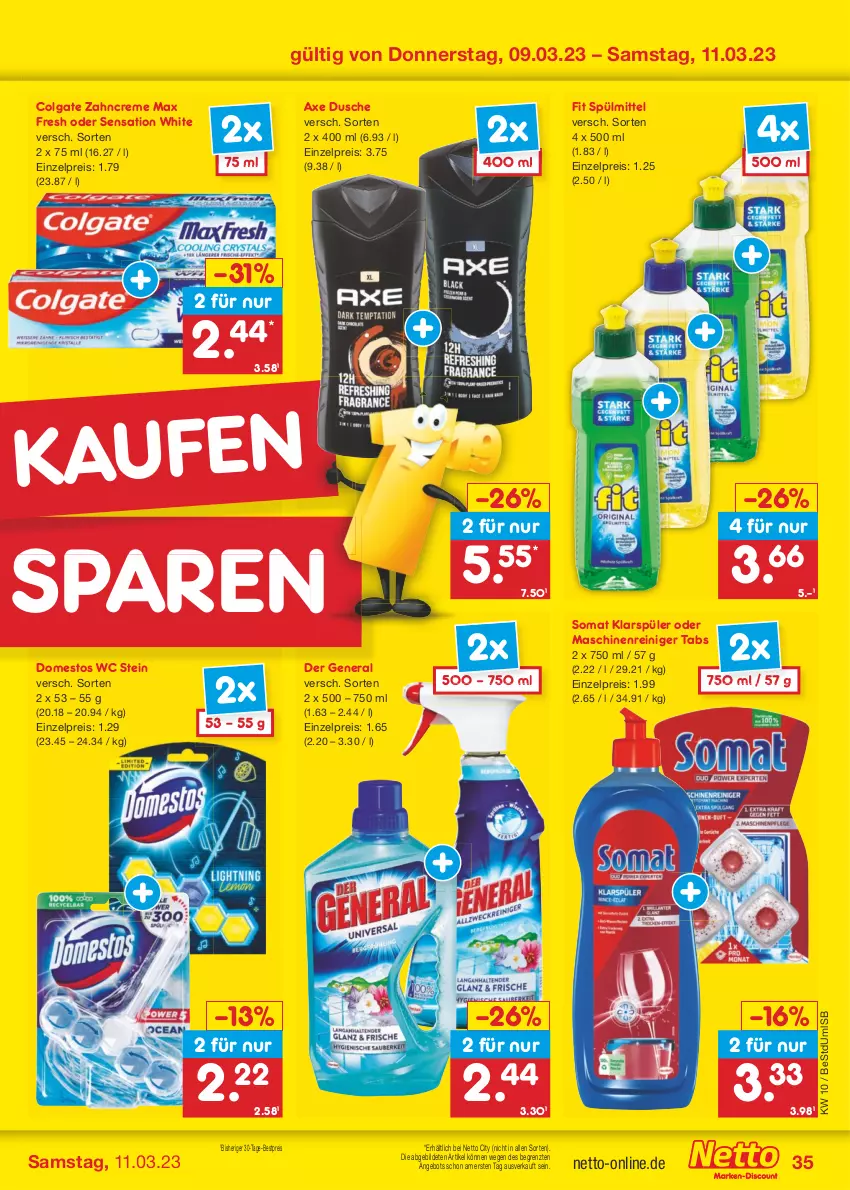 Aktueller Prospekt Netto Marken-Discount - Filial-Angebote - von 06.03 bis 11.03.2023 - strona 35 - produkty: angebot, axe, bestpreis, colgate, creme, domestos, dusche, eis, klarspüler, LG, maschinenreiniger, Max Fresh, reiniger, reis, somat, spülmittel, Ti, zahncreme, ZTE