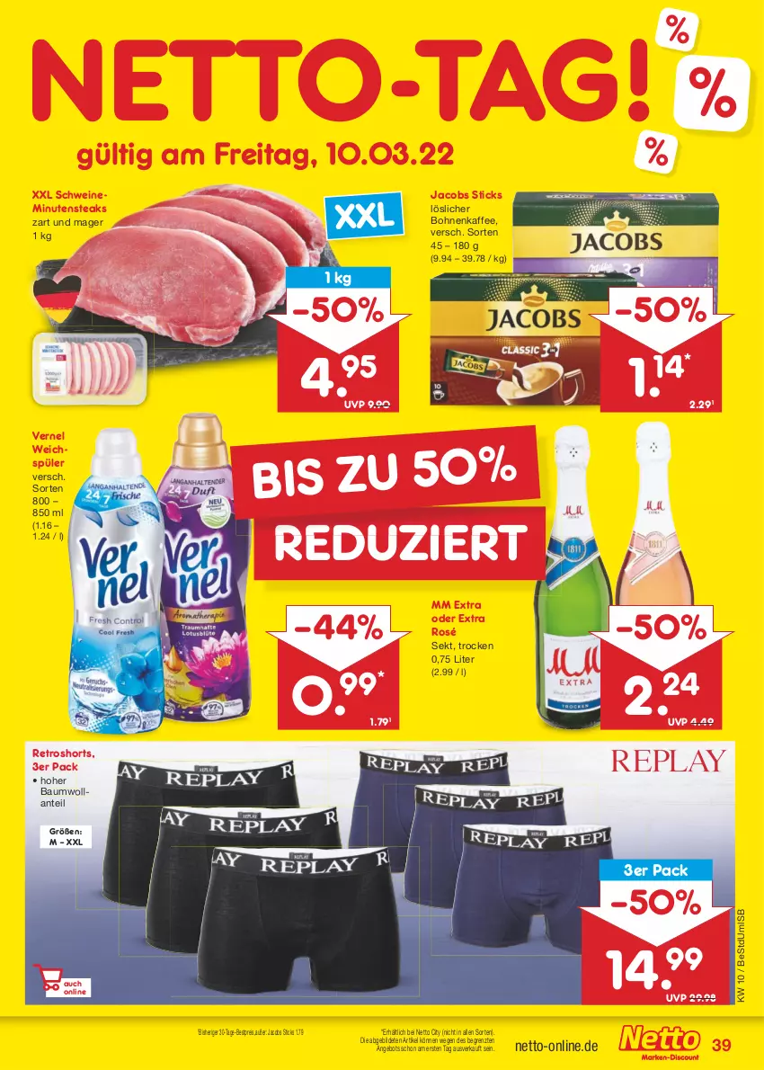 Aktueller Prospekt Netto Marken-Discount - Filial-Angebote - von 06.03 bis 11.03.2023 - strona 39 - produkty: angebot, Bau, bestpreis, bohne, bohnen, bohnenkaffee, eis, jacobs, kaffee, löslicher bohnenkaffee, minutensteaks, mm extra, reis, retroshorts, schwein, schweine, sekt, shorts, steak, steaks, Ti, vernel, weichspüler, wein, weine, ZTE