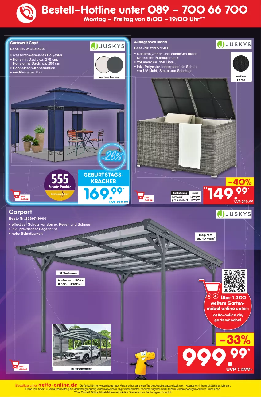 Aktueller Prospekt Netto Marken-Discount - Filial-Angebote - von 06.03 bis 11.03.2023 - strona 43 - produkty: angebot, auflagenbox, auto, Bau, Cap, Carport, decke, Deckel, eis, Garten, gartenmöbel, kracher, kraft, möbel, ndk, reis, Ria, telefon, Ti, tisch, uhr, wasser, Zelt, ZTE