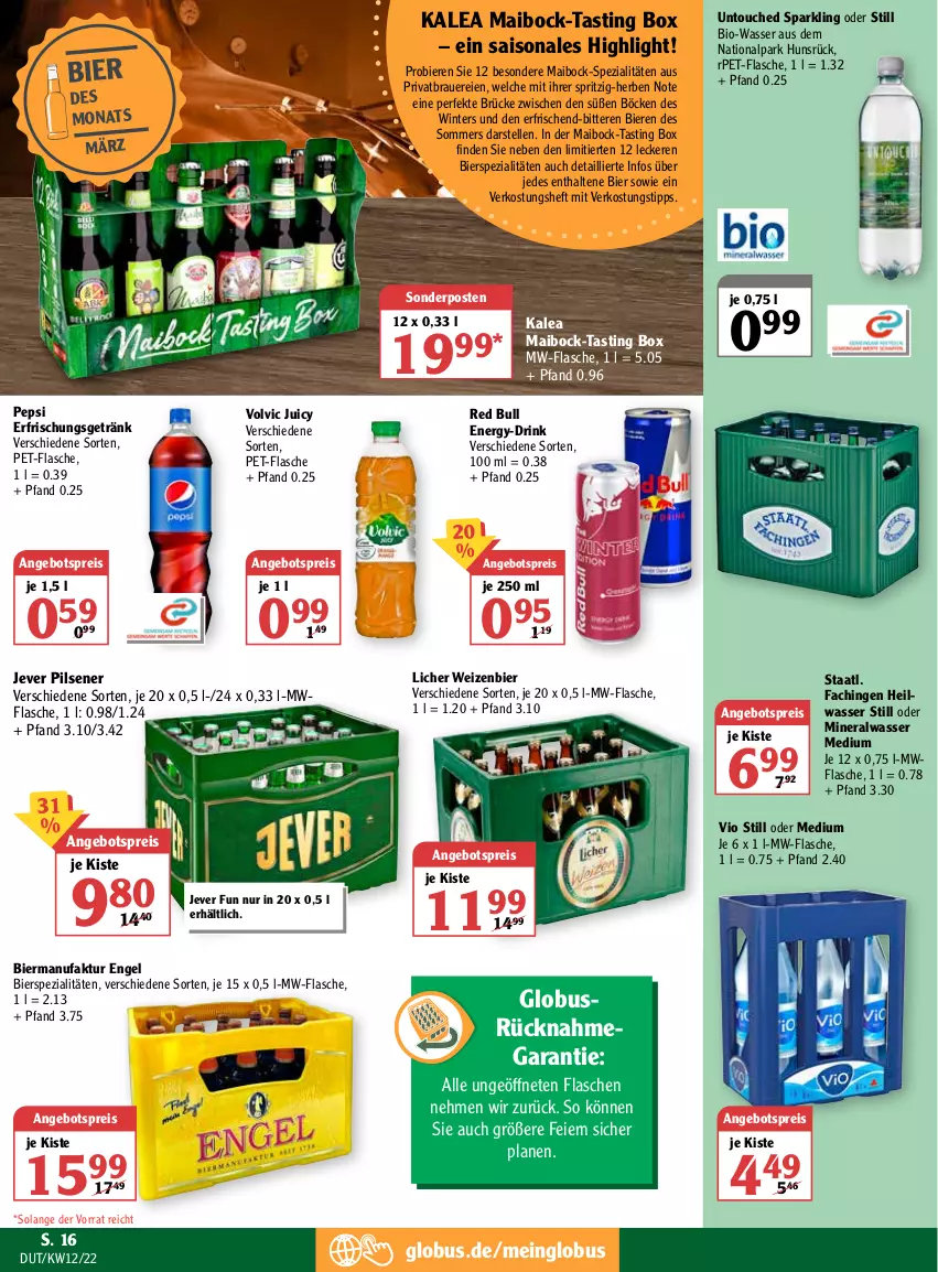 Aktueller Prospekt Globus - Prospekte - von 21.03 bis 26.03.2022 - strona 19 - produkty: Alwa, angebot, angebotspreis, asti, auer, bier, Biere, bierspezialitäten, bio, drink, eier, eis, elle, Engel, erfrischungsgetränk, Faktu, flasche, getränk, jever, jever pilsener, mineralwasser, Mineralwasser Medium, mw-flasche, pepsi, pet-flasche, pils, pilsener, red bull, reis, sonderposten, Spezi, Staatl. Fachingen, Ti, volvic, wasser