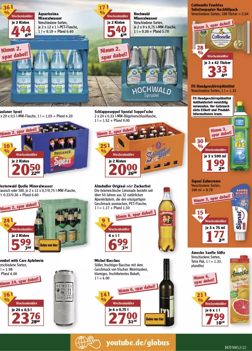 Aktueller Prospekt Globus - Prospekte - von 21.03 bis 26.03.2022 - strona 3 - produkty: ACC, almdudler, Alwa, amecke, apfel, apfelwein, aqua, bügel, cottonelle, creme, elle, feuchtes toilettenpapier, flasche, frucht, geschirr, geschirrspülmittel, gin, hochwald, kräuter, kräutern, limo, limonade, mac, mineralwasser, mw-flasche, papier, pet-flasche, Rauch, rwe, säfte, Signal, sim, Spezi, Sprudel, spülmittel, Tapete, Ti, toilettenpapier, trauben, tücher, wasser, wein, zahncreme, zucker