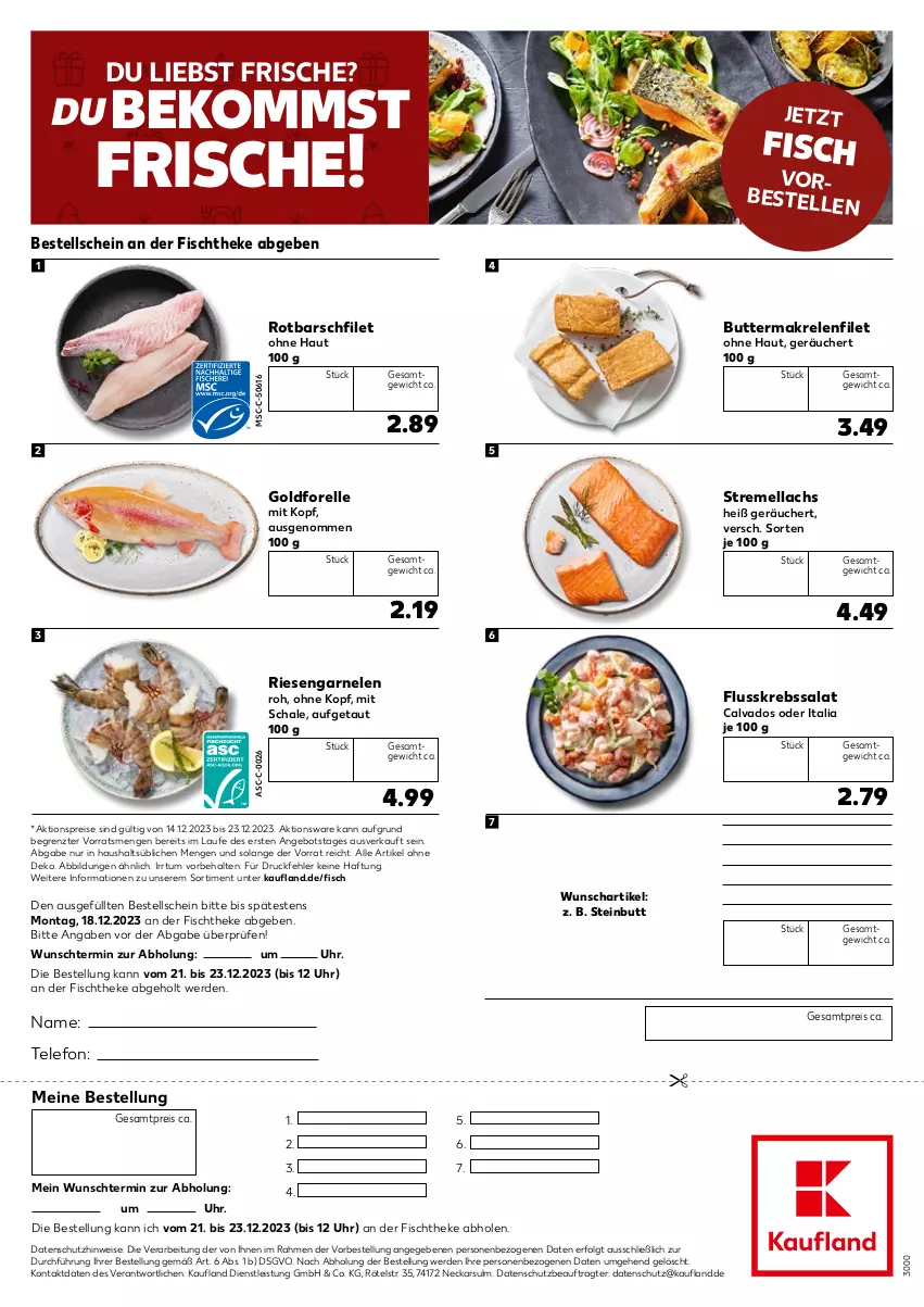 Aktueller Prospekt Kaufland - Kaufland - von 20.12 bis 20.12.2023 - strona 2 - produkty: aktionspreis, angebot, beko, butter, eis, elle, erde, filet, fisch, fischtheke, Flusskrebssalat, forelle, garnelen, Krebs, lachs, LG, Makrele, reis, rel, riesengarnelen, Rotbarsch, rotbarschfilet, salat, Schal, Schale, telefon, Ti, uhr, ZTE