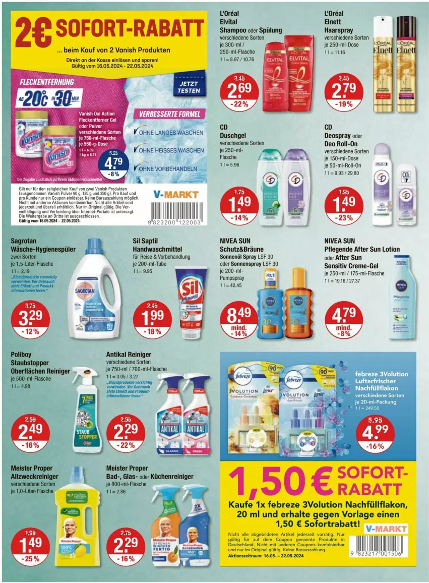 Aktueller Prospekt Vmarkt - Prospekte - von 16.05 bis 22.05.2024 - strona 12 - produkty: after sun, bio, biozidprodukte, Brei, coupon, coupons, creme, deo, deo roll-on, deospray, duschgel, eis, elnett, elvital, febreze, flasche, gin, haarspray, hygienespüler, küche, Küchen, l'oreal, loreal, Lotion, nivea, nivea sun, Rauch, reiniger, reis, roll-on, rwe, sagrotan, shampoo, shampoo oder spülung, sofortrabatt, sonnenspray, spülung, Sun Lotion, Ti, topper, vanish, vita, waschmittel