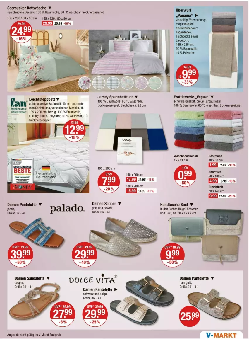 Aktueller Prospekt Vmarkt - Prospekte - von 16.05 bis 22.05.2024 - strona 15 - produkty: angebot, angebote, Bau, baumwolle, bett, Betttuch, bettwäsche, chia, dell, elle, Ergee, gästetuch, Handtasche, handtuch, jeans, LG, Mode, pantolette, sandale, seersucker, seersucker bettwäsche, slip, Slipper, spannbetttuch, Tasche, Ti, Trockner, tuc, vita, waschhandschuh, wolle