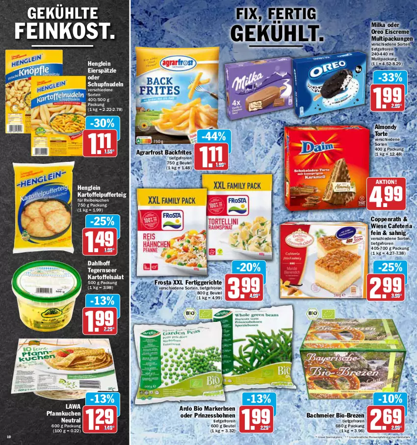 Aktueller Prospekt Aez - Prospekte - von 09.05 bis 14.05.2022 - strona 10 - produkty: agrarfrost, beutel, bio, bohne, bohnen, coppenrath, creme, eier, eierspätzle, eis, eiscreme, elle, erbsen, feinkost, fertiggericht, fertiggerichte, frosta, henglein, kartoffel, kartoffelpuffer, kartoffelsalat, kuchen, milka, nudel, nudeln, oreo, Pfannkuchen, prinzessbohnen, reis, Ria, salat, Tegernseer, teller, Ti, torte