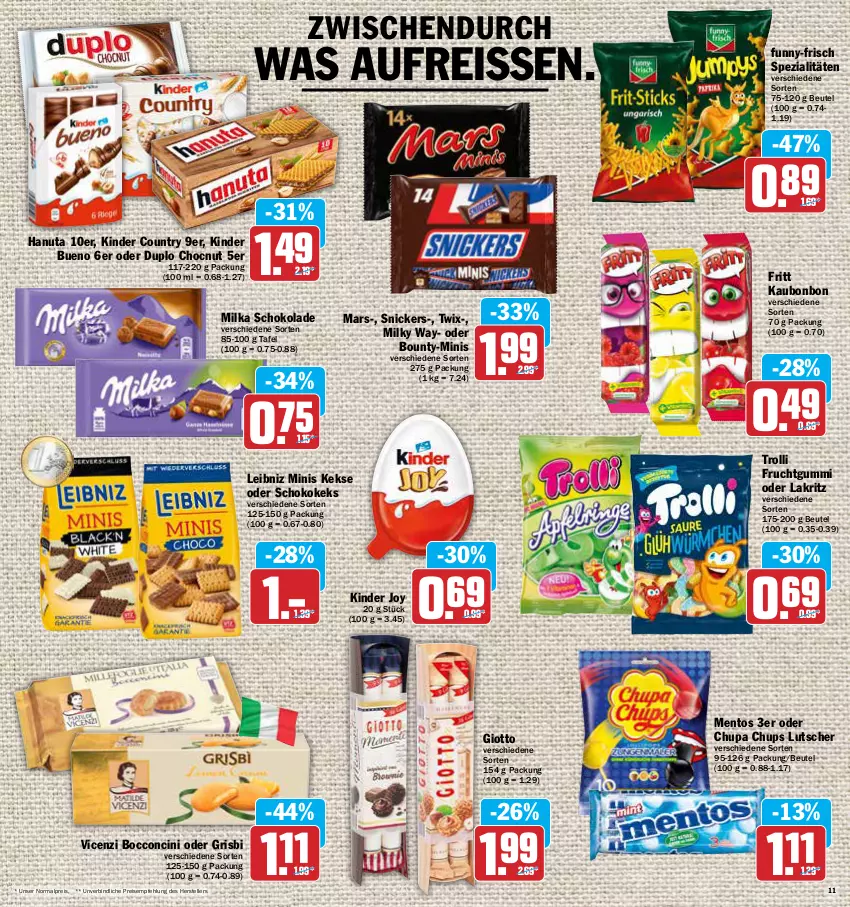 Aktueller Prospekt Aez - Prospekte - von 09.05 bis 14.05.2022 - strona 11 - produkty: beutel, bounty, chupa, chupa chups, cin, duplo, eis, elle, frucht, fruchtgummi, funny-frisch, giotto, hanuta, keks, kekse, Kinder, kinder bueno, kinder country, Lakritz, leibniz, Lutscher, mars, mentos, milka, milka schokolade, milky way, oder lakritz, reis, reiss, schoko, schokolade, snickers, Spezi, teller, trolli, trolli fruchtgummi, twix