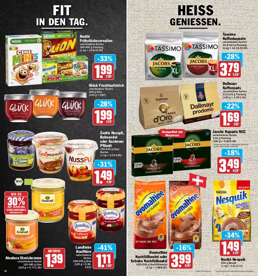 Aktueller Prospekt Aez - Prospekte - von 09.05 bis 14.05.2022 - strona 12 - produkty: aufstrich, Becher, Belmandel, beutel, cerealien, creme, dallmayr, eis, elle, espresso, frucht, fruchtaufstrich, jacobs, kaffee, kaffeekapseln, kaffeepads, konfitüre, landliebe, mandel, natur, natura, nespresso, nesquik, nestlé, nuss, nusspli, ovomaltine, reis, schoko, sim, tassimo, teller, tender, Ti, zentis