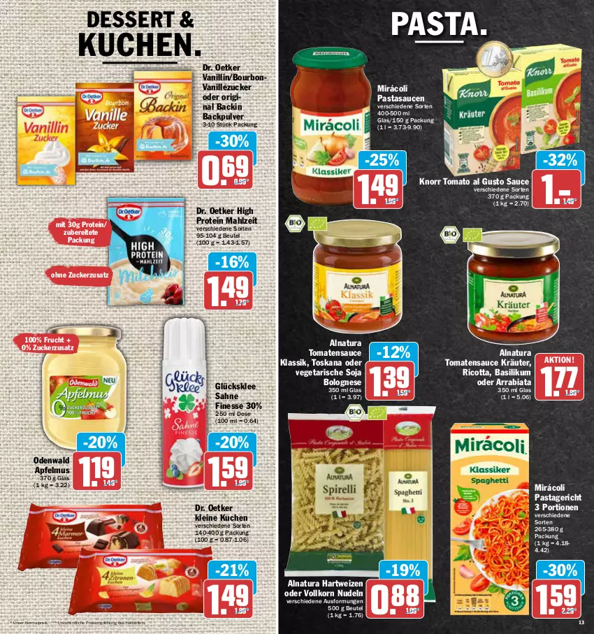 Aktueller Prospekt Aez - Prospekte - von 09.05 bis 14.05.2022 - strona 13 - produkty: apfel, apfelmus, basilikum, beutel, bolognese, bourbon, bourbonvanille, dessert, Dr. Oetker, eis, elle, finesse, frucht, gin, glücksklee, hartweizen, knorr, korn, kräuter, kuchen, leine, Mirácoli, natur, natura, nudel, nudeln, odenwald, pasta, Pastagericht, reis, ricotta, sahne, sauce, saucen, soja, teller, Ti, tomate, tomaten, tomatensauce, tomato al gusto, vanille, Vegeta, zucker