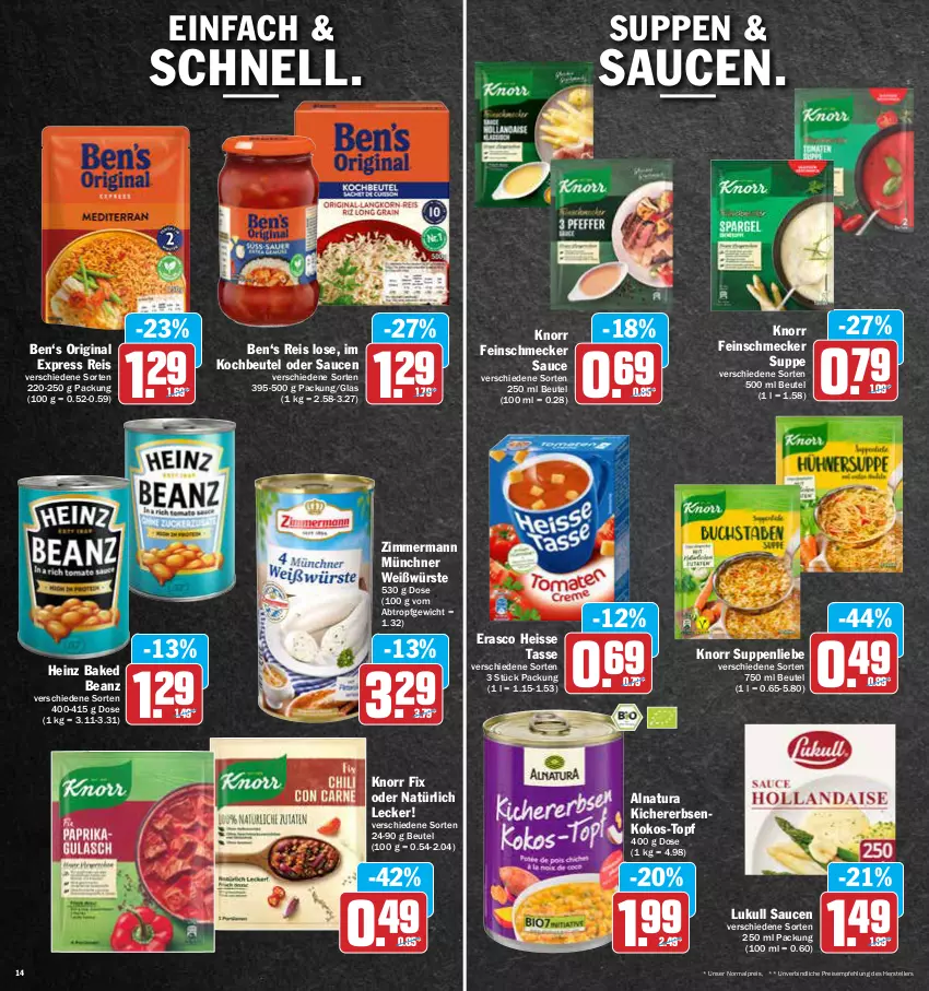 Aktueller Prospekt Aez - Prospekte - von 09.05 bis 14.05.2022 - strona 14 - produkty: beanz, beutel, eis, elle, erasco, erbsen, feinschmecker, gin, heinz, kichererbsen, knorr, knorr fix, kochbeutel, kokos, lukull, natur, natura, reis, sauce, saucen, suppe, suppen, suppenliebe, tasse, teller, topf