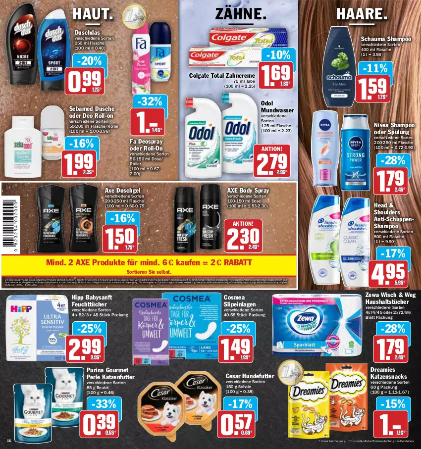 Aktueller Prospekt Aez - Prospekte - von 09.05 bis 14.05.2022 - strona 16 - produkty: axe, axe duschgel, beutel, body, Brei, colgate, colgate total, cosmea, coupon, creme, deo, deo roll-on, deospray, dreamies, duschdas, dusche, duschgel, eis, elle, feuchttücher, flasche, gin, haushaltstücher, hipp, katzenfutter, katzensnack, katzensnacks, LG, mundwasser, nivea, oder deo roll-on, Odol, purina, reis, roll-on, Roller, Schal, Schale, schauma, schauma shampoo, sebamed, shampoo, shampoo oder spülung, slip, slipeinlagen, snack, snacks, spülung, teller, Ti, Tiere, tücher, wasser, zahncreme, zewa