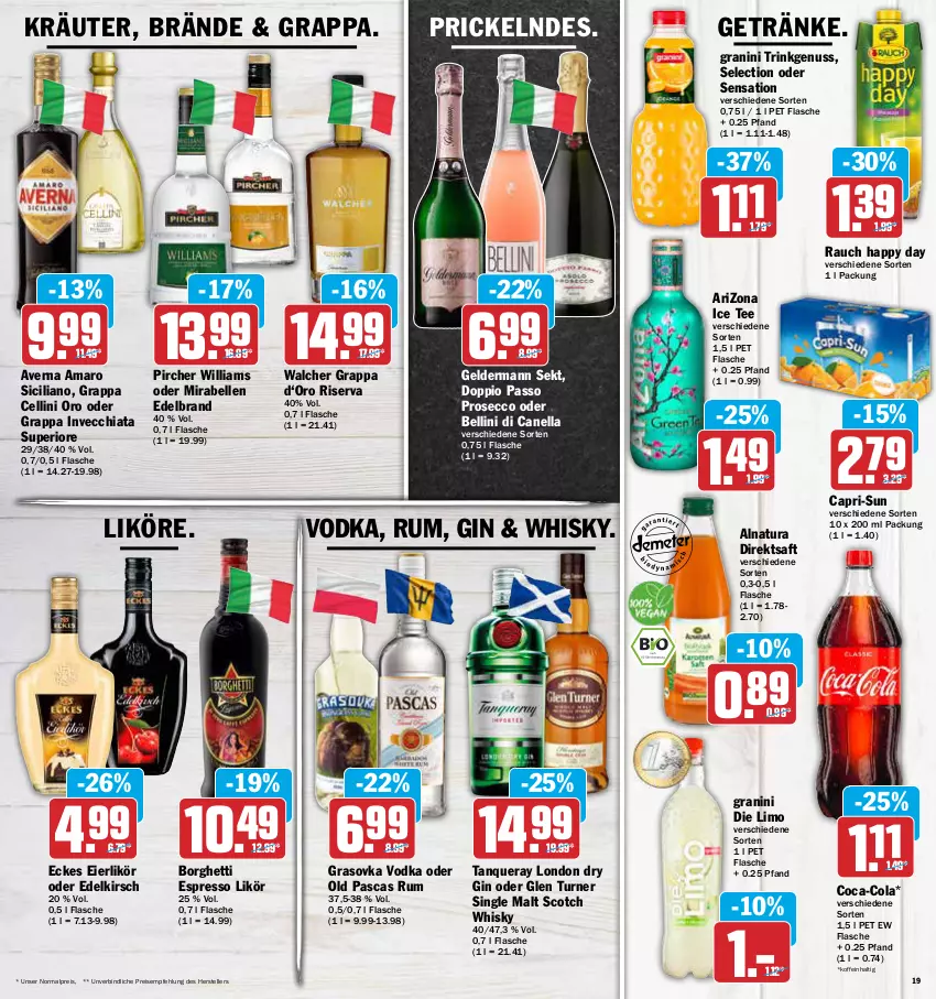 Aktueller Prospekt Aez - Prospekte - von 09.05 bis 14.05.2022 - strona 19 - produkty: amaro, averna, Cap, capri-sun, chia, coca-cola, cola, direktsaft, doppio passo, dry gin, ecco, eier, eierlikör, eis, elle, espresso, flasche, geldermann, getränk, getränke, gin, granini, granini die limo, grappa, Happy Day, kirsch, kräuter, likör, limo, london dry, london dry gin, natur, natura, nuss, passo, pircher, prosecco, Rauch, reis, riserva, rum, saft, scotch, scotch whisky, sekt, single malt, Tanqueray, tee, teller, Ti, vodka, whisky